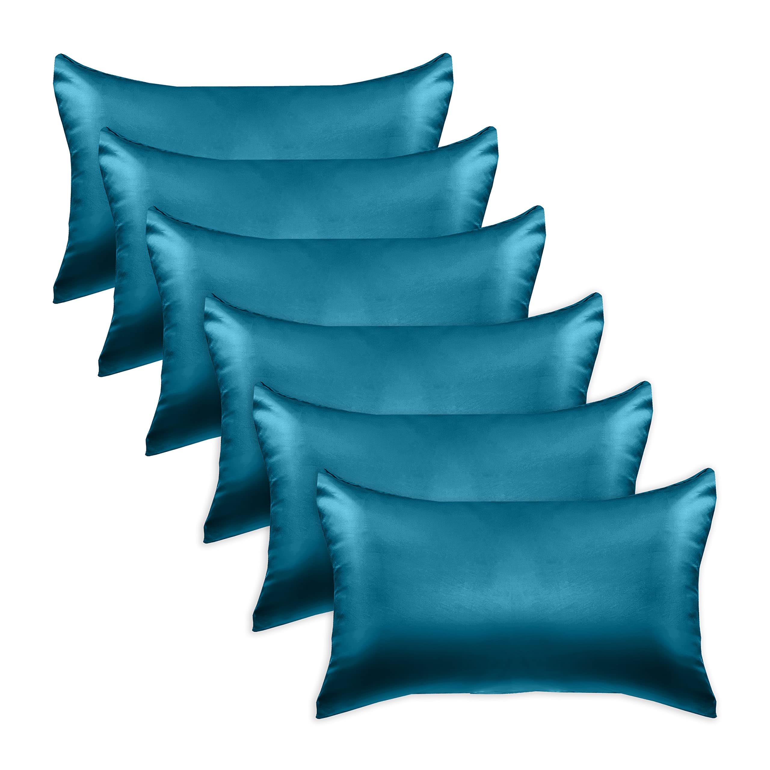 6-Pack Cooling Viscose Satin Pillowcase Set with Hidden Zipper - Silky Smooth for Hair & Skin Care - Standard/Queen Size - Turquoise - Perfect for Bedroom, Spa Nights & Luxury Gift Giving
