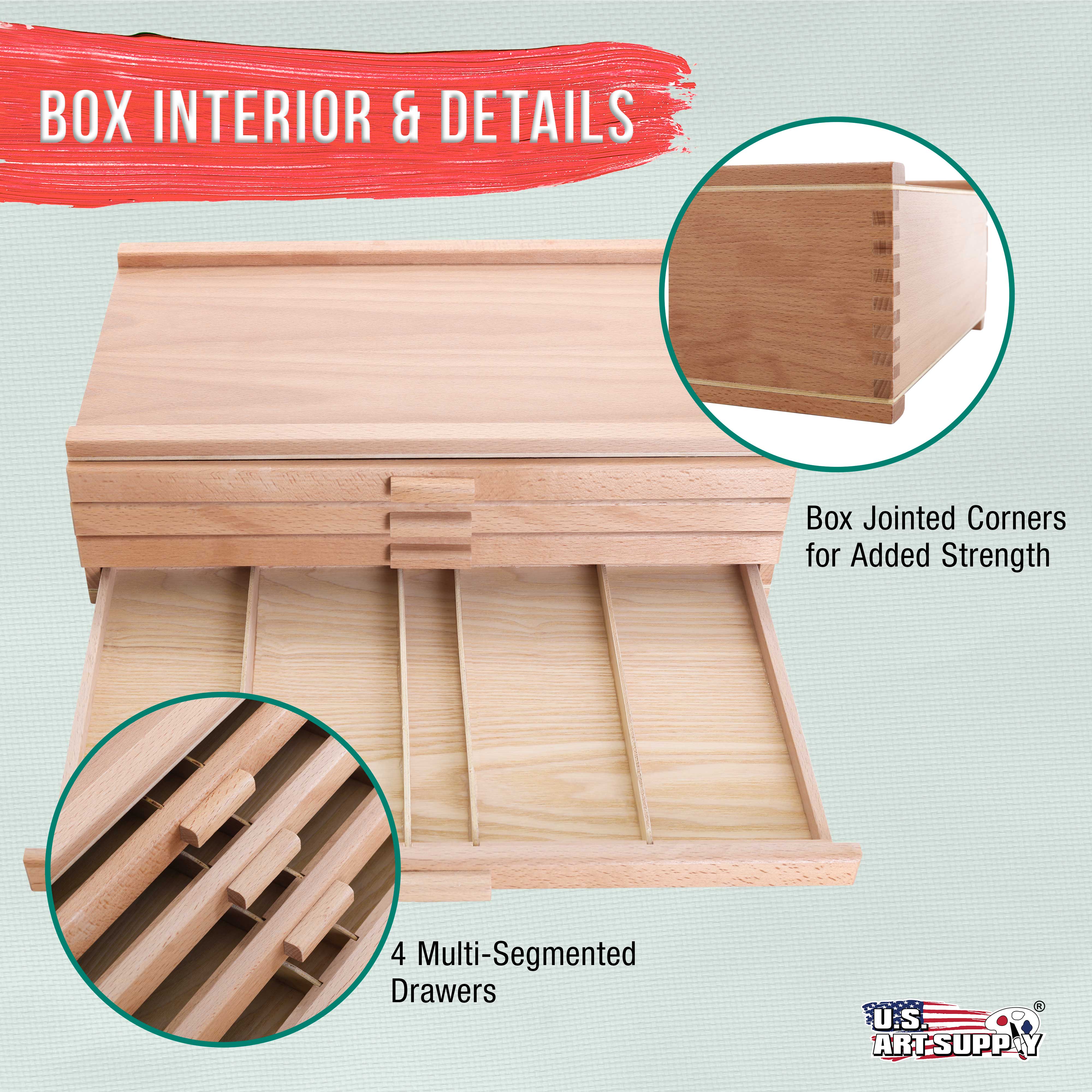 4-Drawer Artist Wood Storage Box for Pastels, Pens, Markers - Elm Hardwood Construction with 5 Compartments per Drawer - Perfect for Drawing, Sketching & Art Supplies Organization - Ideal for Artists, Students & Craft Rooms
