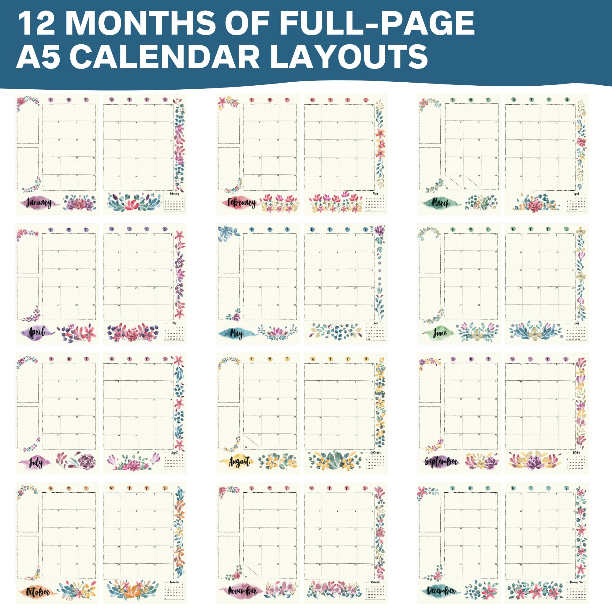 2025 Monthly Planner Stickers for A5 Bullet Journals - 12-Month Floral Design Calendar Stickers (5.3