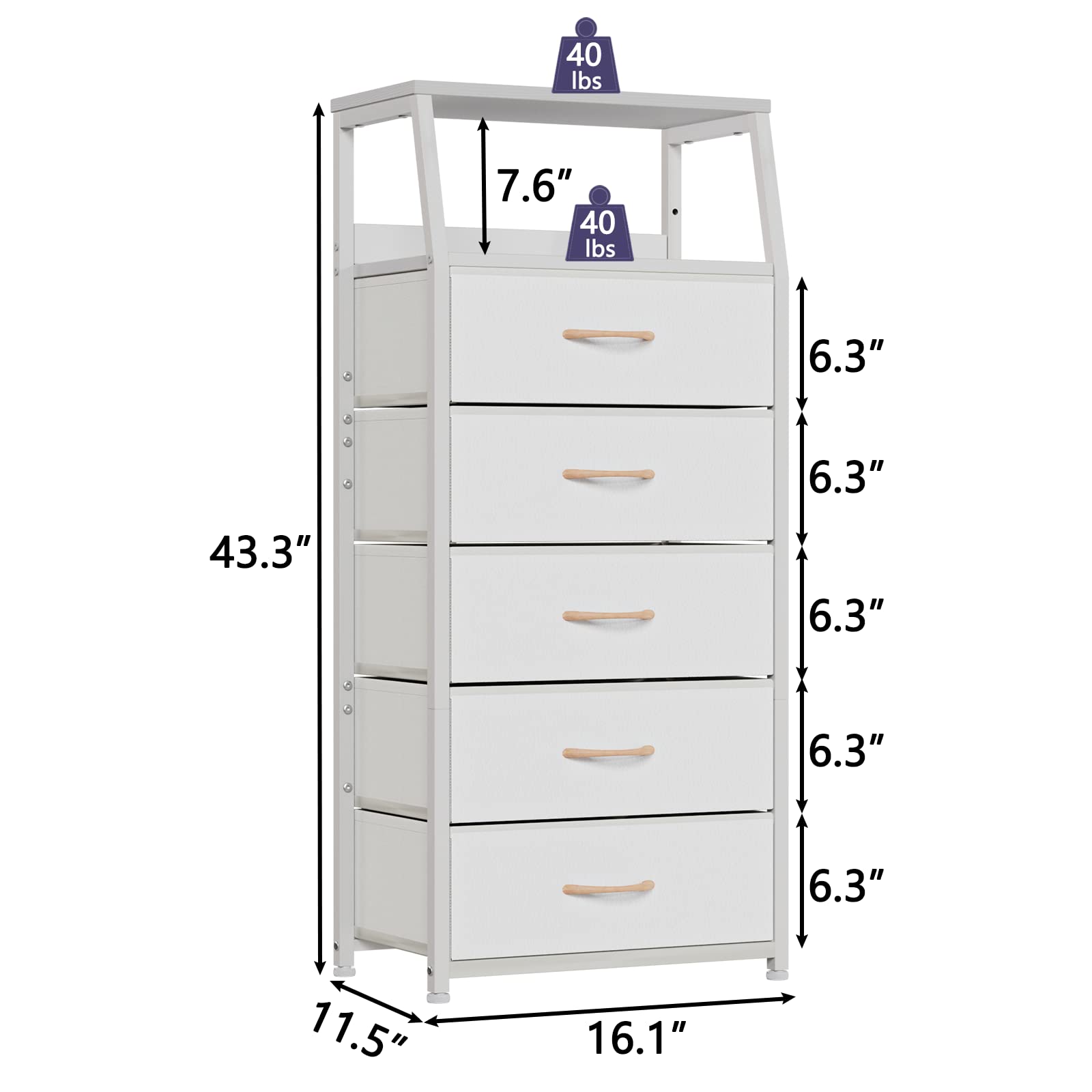 White 5-Drawer Dresser with Wood Top - Sturdy Steel Frame for Bedroom & Nursery Storage