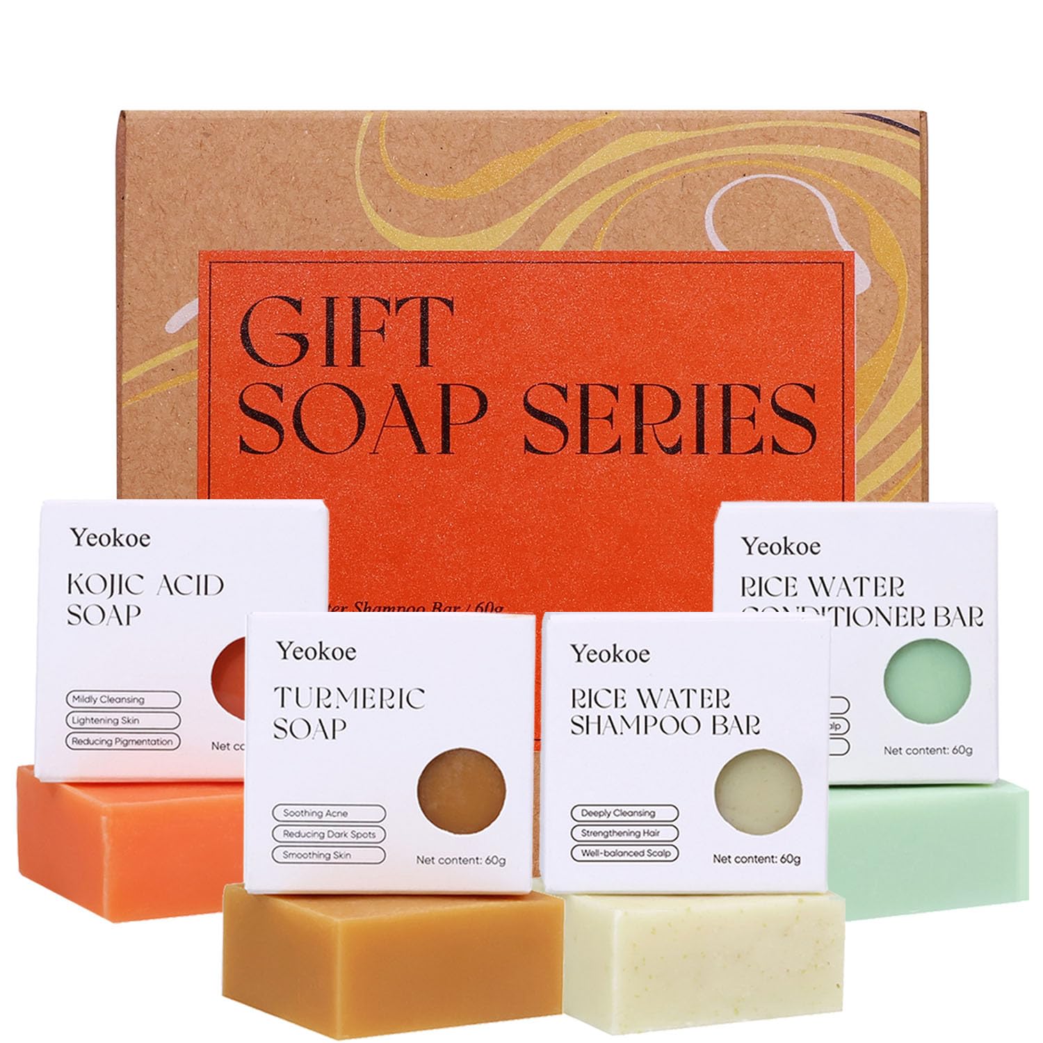 Turmeric Soap Bar & Rice Water Shampoo Conditioner Bar Set with Kojic Acid - Deep Cleansing for Body, Face & Hair | Travel Toiletries & Spa Gifts for Women | Perfect for Skincare Routine, Travel Essentials & Relaxing Self-Care Moments