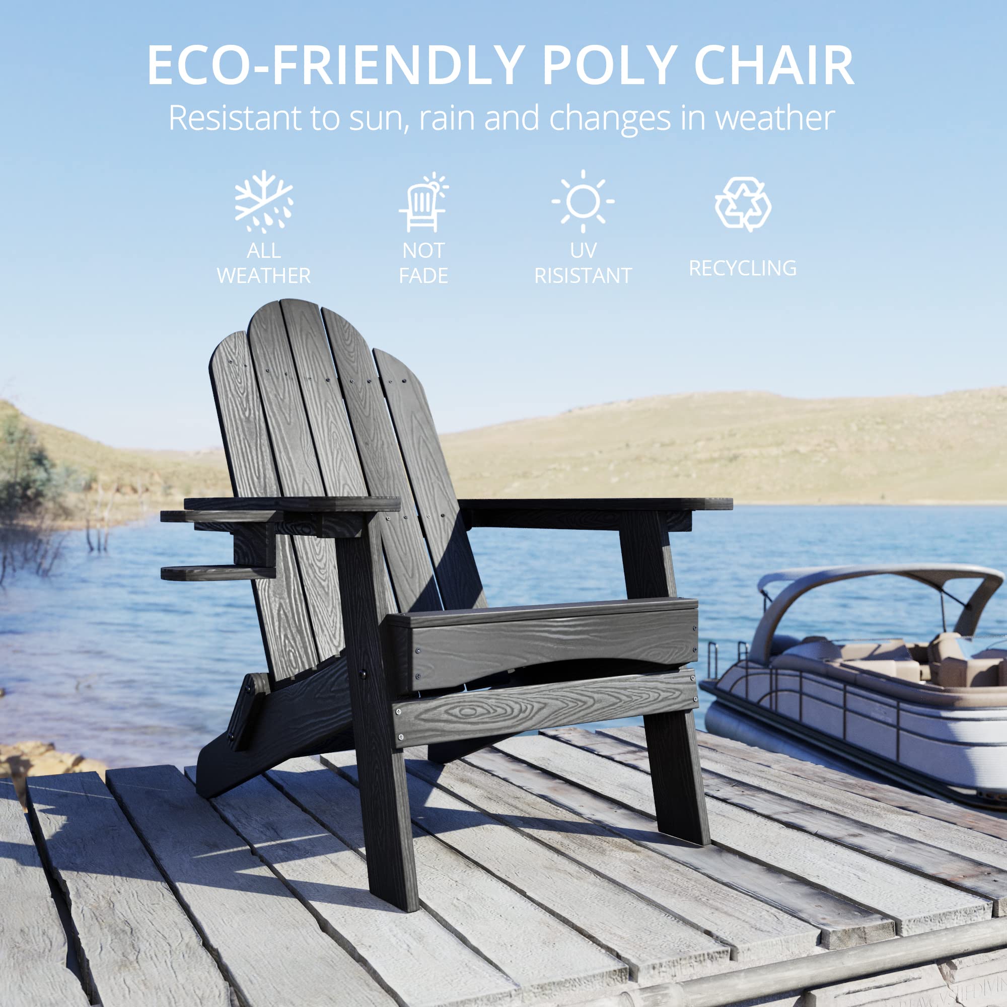 LUE BONA 2-Piece Folding Adirondack Chair Set with Side Table - Black HDPS Fire-Resistant Outdoor Patio Furniture with Cup Holders | Perfect for Backyard, Garden, Deck & Poolside Relaxation