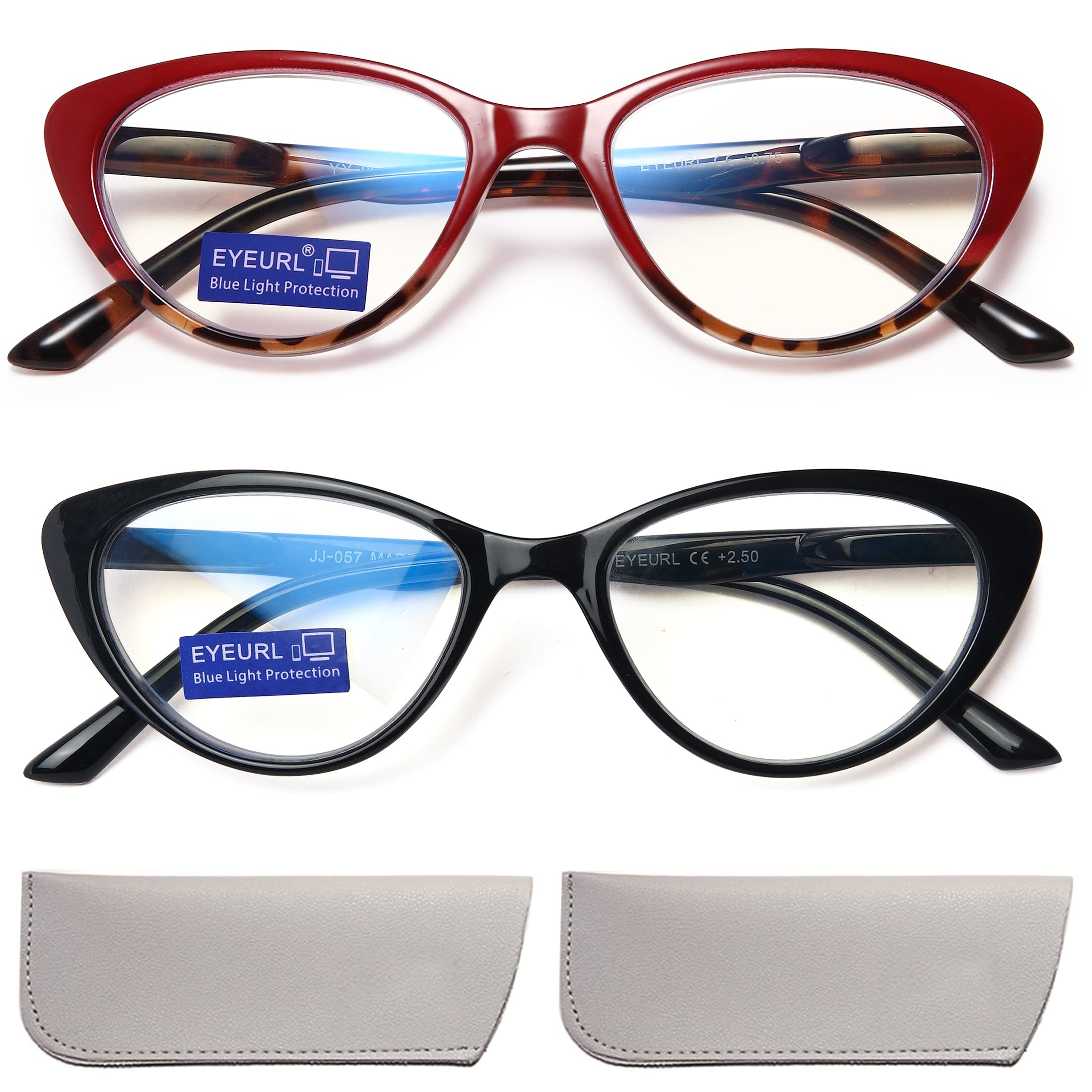 EYEURL Cat Eye Reading Glasses for Women - 2 Pack Blue Light Blocking Computer Readers (2.75 Magnification) with Spring Hinge, Anti-Glare & UV Protection - Perfect for Office Work, Online Shopping, and Digital Screen Use
