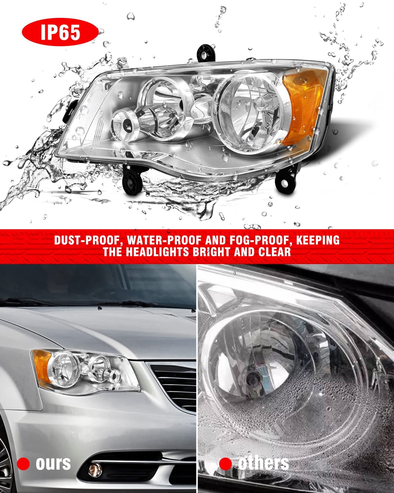 Dodge Grand Caravan & Chrysler Town & Country Headlights (2008-2020) - Chrome Housing with Amber Reflector - Driver & Passenger Side - Factory Style Replacement - Perfect for Night Driving & Vehicle Upgrades