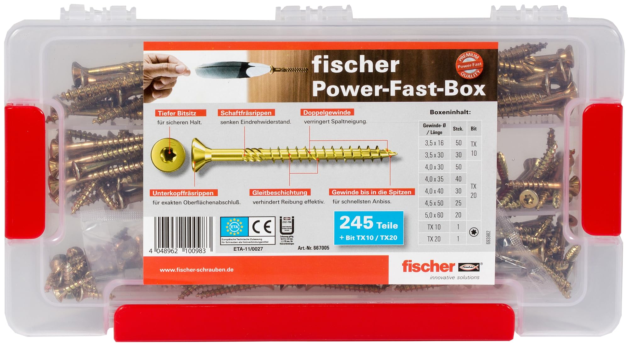 Fischer Power Fast 667 005 Box - High Performance Construction Screws for Wood & Metal - Perfect for DIY Projects, Home Renovations & Professional Building Work