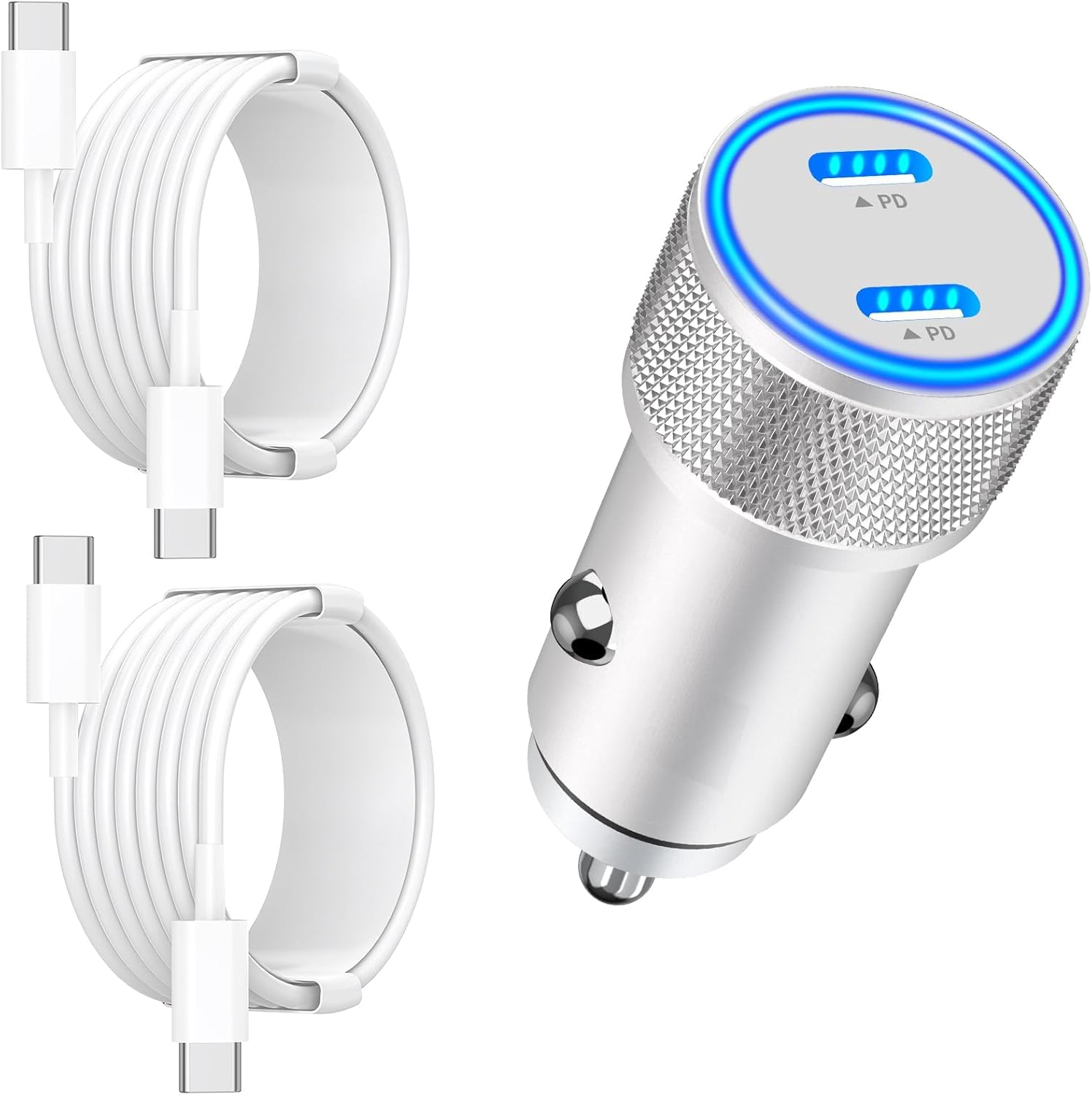 Apple MFi Certified 72W Dual USB-C Car Charger Fast Charging for iPhone 16 Pro Max/16 Pro/15/14/13/12 - Includes Type C & Lightning Cables - Perfect for Road Trips & Daily Commute