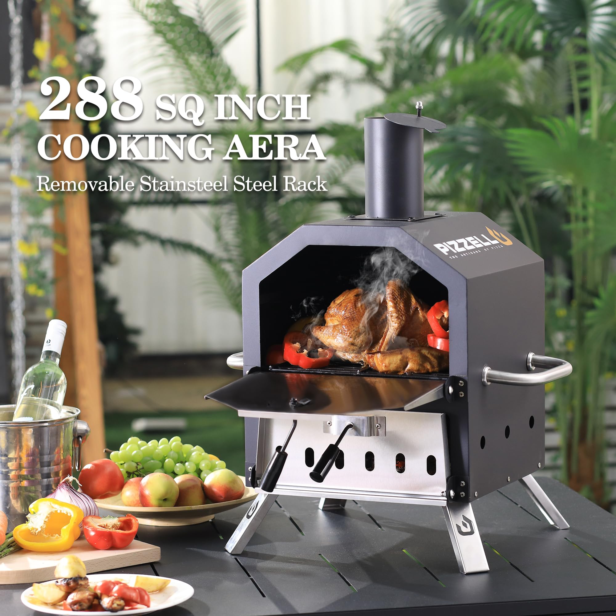 Wood Fired Outdoor Pizza Oven - 2-Layer Camping & Backyard BBQ Pizza Maker with Pizza Stone, Peel, Cover & Removable Cooking Rack (Black) - Perfect for Garden Parties, Camping Trips & Outdoor Cooking