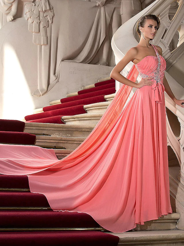 Elegant A-Line Chiffon Wedding Guest Dress with Crystal Draping - One Shoulder Sleeveless Court Train Gown for Formal Events, Evening Parties & Special Occasions
