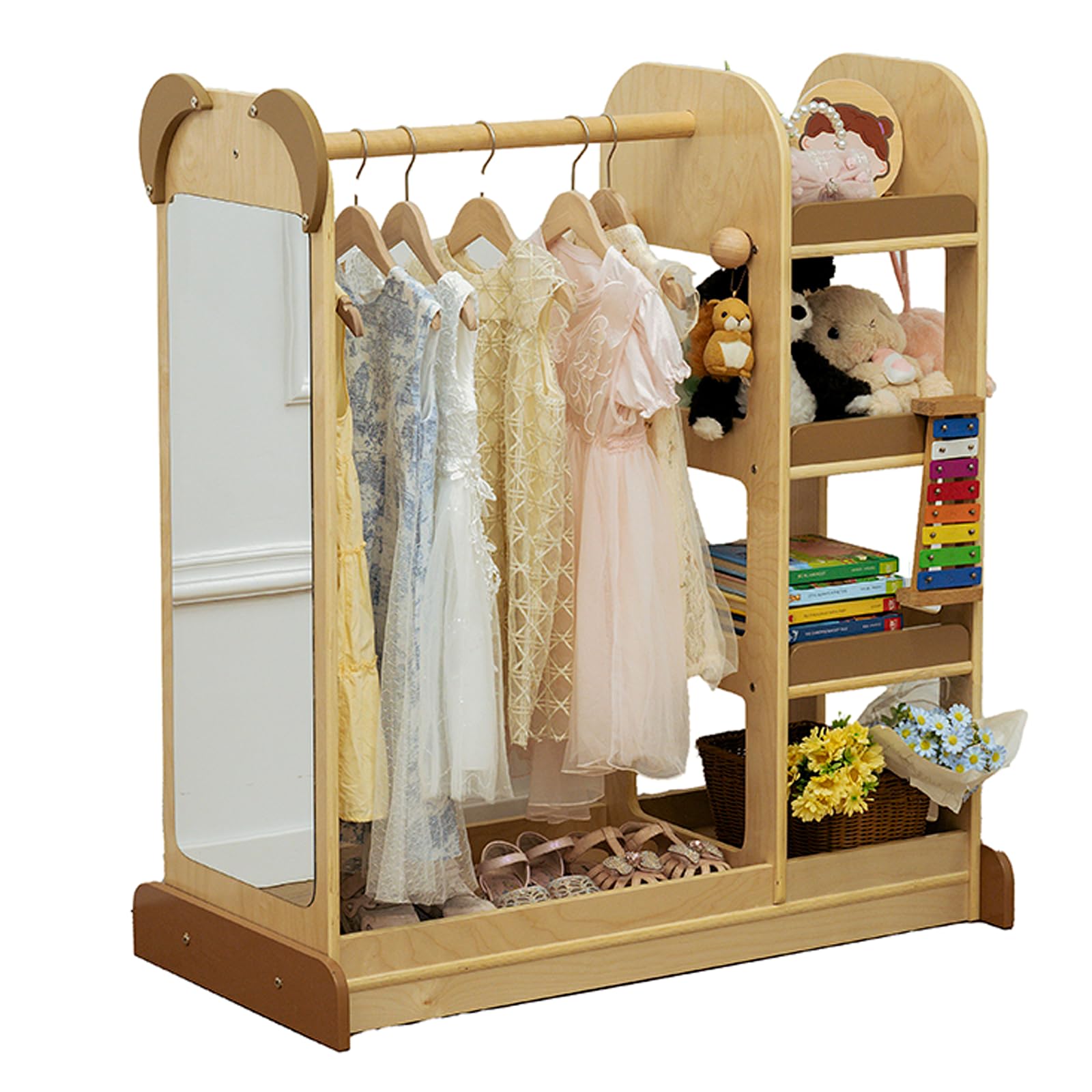 Wooden Kids Costume Organizer with Mirror - 4-Tier Toddler Clothing Rack & Open Hanging Wardrobe for Girls & Boys | Montessori Furniture for Dress Up Storage | Perfect for Bedroom, Playroom & Nursery Organization