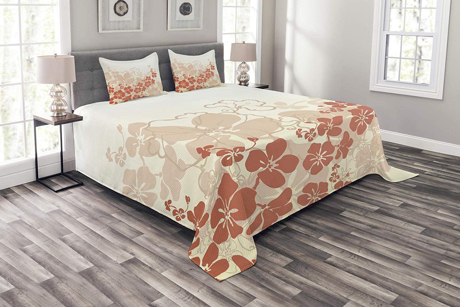 Hawaiian King Size 3-Piece Bedding Set with Tropical Floral Duvet Cover & 2 Pillow Shams - Exotic Silhouette Design for Beach House, Vacation Home or Tropical Bedroom Decor