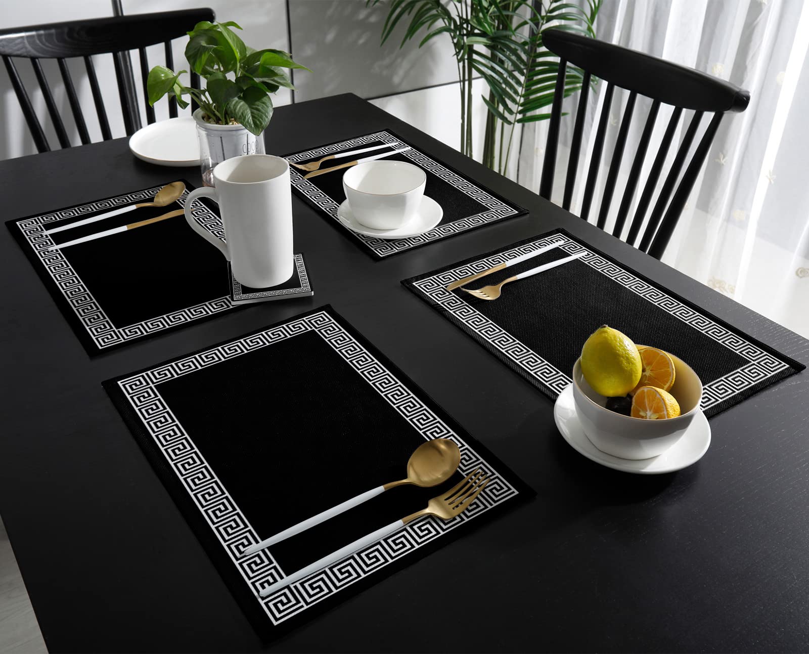 Geometric Greek Key Design Placemats Set of 4 - Black Washable Table Mats for Dining Room, Kitchen, and Dinner Table Decorations - Perfect for Everyday Use and Special Occasions