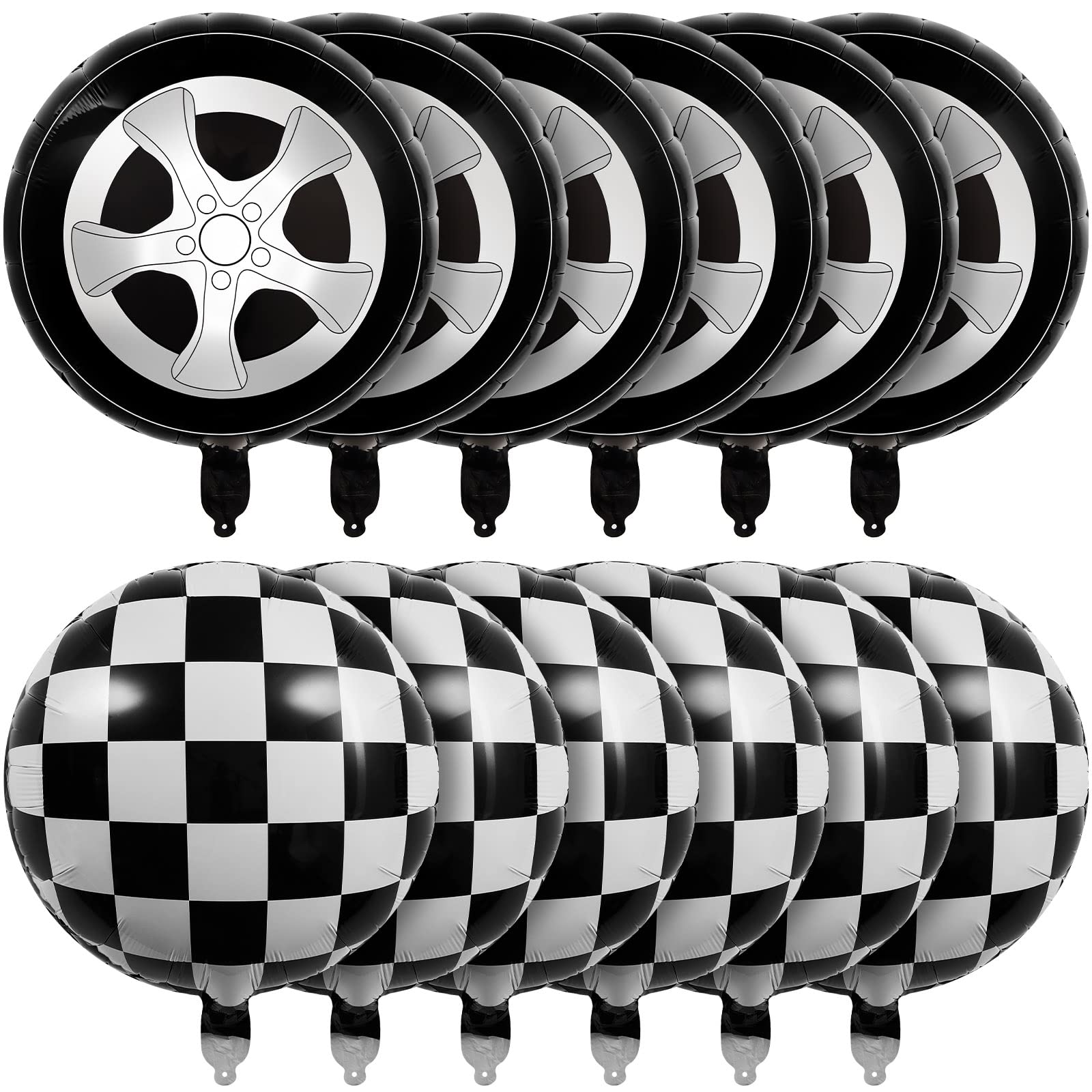 12 Pcs 18 Inch Black and White Checkered Balloons - Race Car Tire Wheel Balloons for Racing Theme Birthday Party Decorations, Baby Shower, Graduation & Sports Events Decoration Supplies