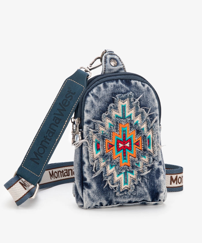 Montana West Aztec Denim Sling Bag for Women - Stylish Crossbody Purse with Adjustable Strap, Perfect for Travel, Shopping & Everyday Use