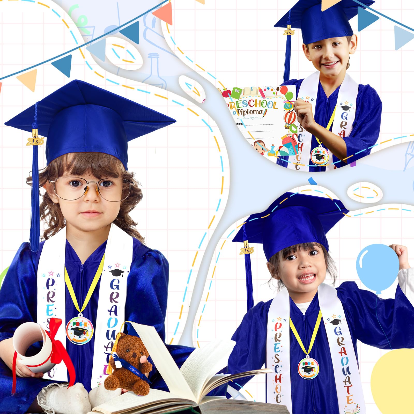 60 Pcs Preschool & Kindergarten Graduation Cap and Gown Set with 2025 Tassel, Stole, Certificate & Medal Bear - Complete Graduation Kit for Kids - Perfect for Ceremonies, Photo Shoots & School Events