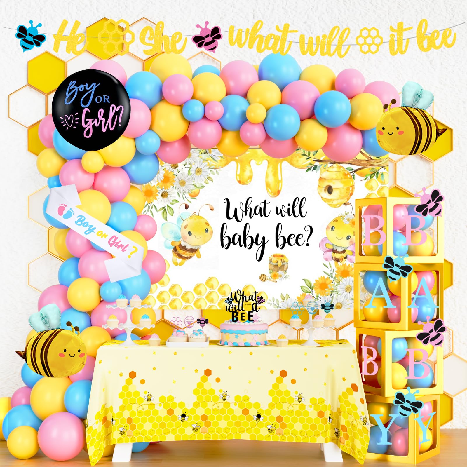 Bee Gender Reveal Party Decorations Set - Bumble Bee Baby Shower Backdrop, Balloons, Banner, Tablecloth & Cake Toppers for 'What Will It Bee' Theme Celebrations