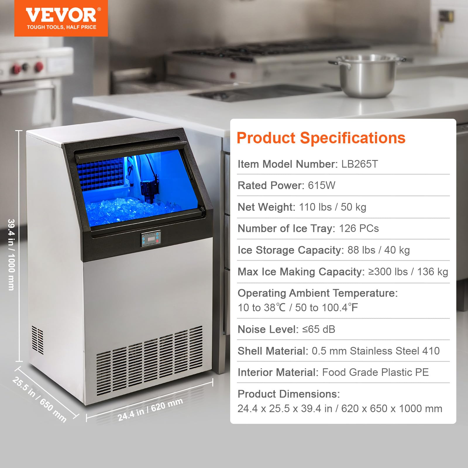 VEVOR Commercial Ice Maker Machine 300LBS/24H, 88LBS Storage Capacity, Makes 126 Ice Cubes in 12-15 Minutes - Perfect for Bars, Home, Office, Restaurants, Cafes, and Parties