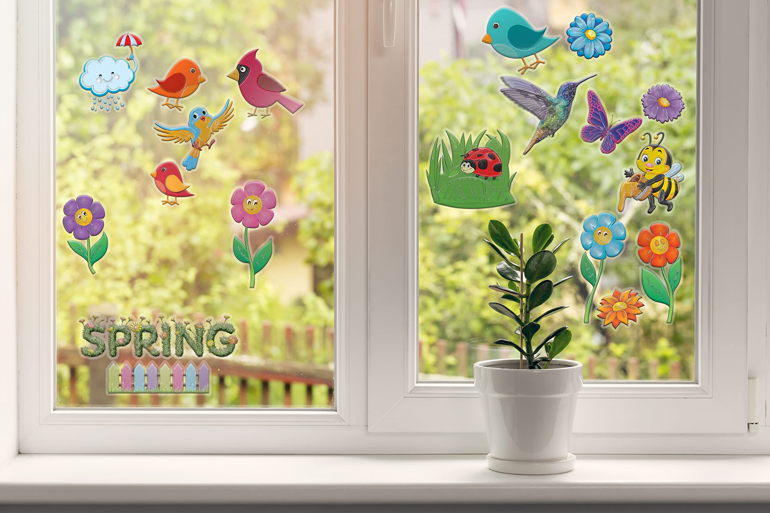 Spring Window Clings for Kids - Flowers, Birds & Bees Gel Clings - Reusable Window Stickers for Home, Car & Classroom Decor | Fun Toddler Activities & Airplane Travel | Jesplay USA