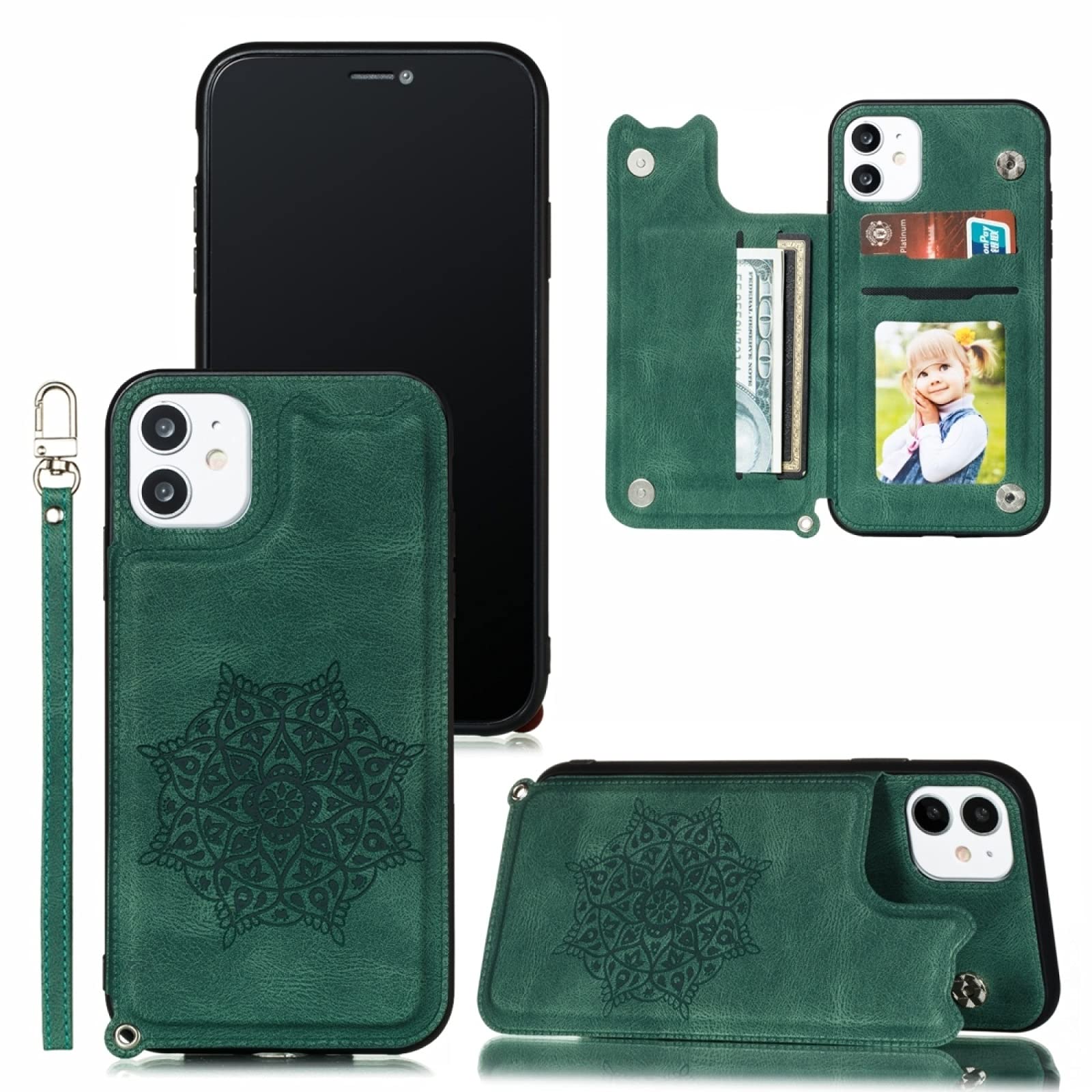 BOYUHII Mandala Embossed PU Leather Case for iPhone 11 Pro Max with Card Slots, Photo Frame & Hand Strap - Protective Phone Cover with Holder (Blue) | Perfect for Daily Use, Travel & Secure Card Storage