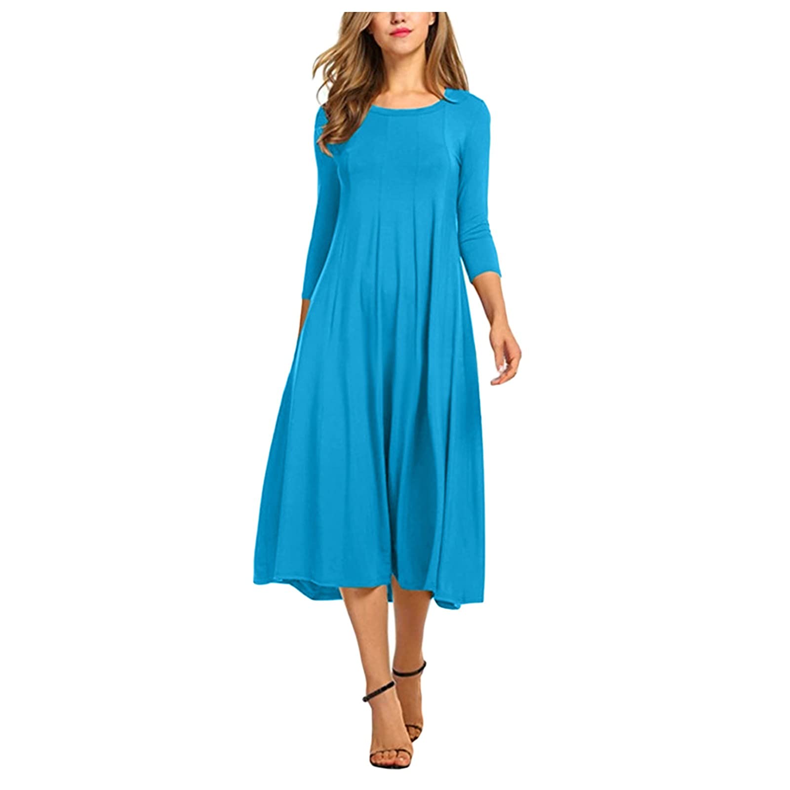 Twoker Women's Long Sleeve Casual Swing Dress - Round Neck Solid Pink Mid-Calf Length Dress for Everyday Wear, Office, Date Night & Special Occasions