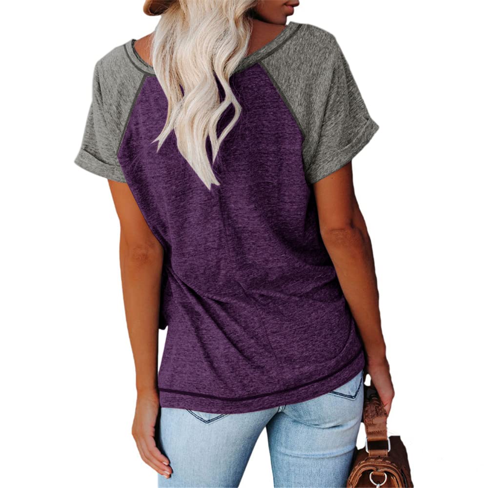 MaQiYa Women's V-Neck Color Block Tunic T-Shirt - Summer Short Sleeve Casual Cotton Tee - Perfect for Work, Travel & Everyday Wear