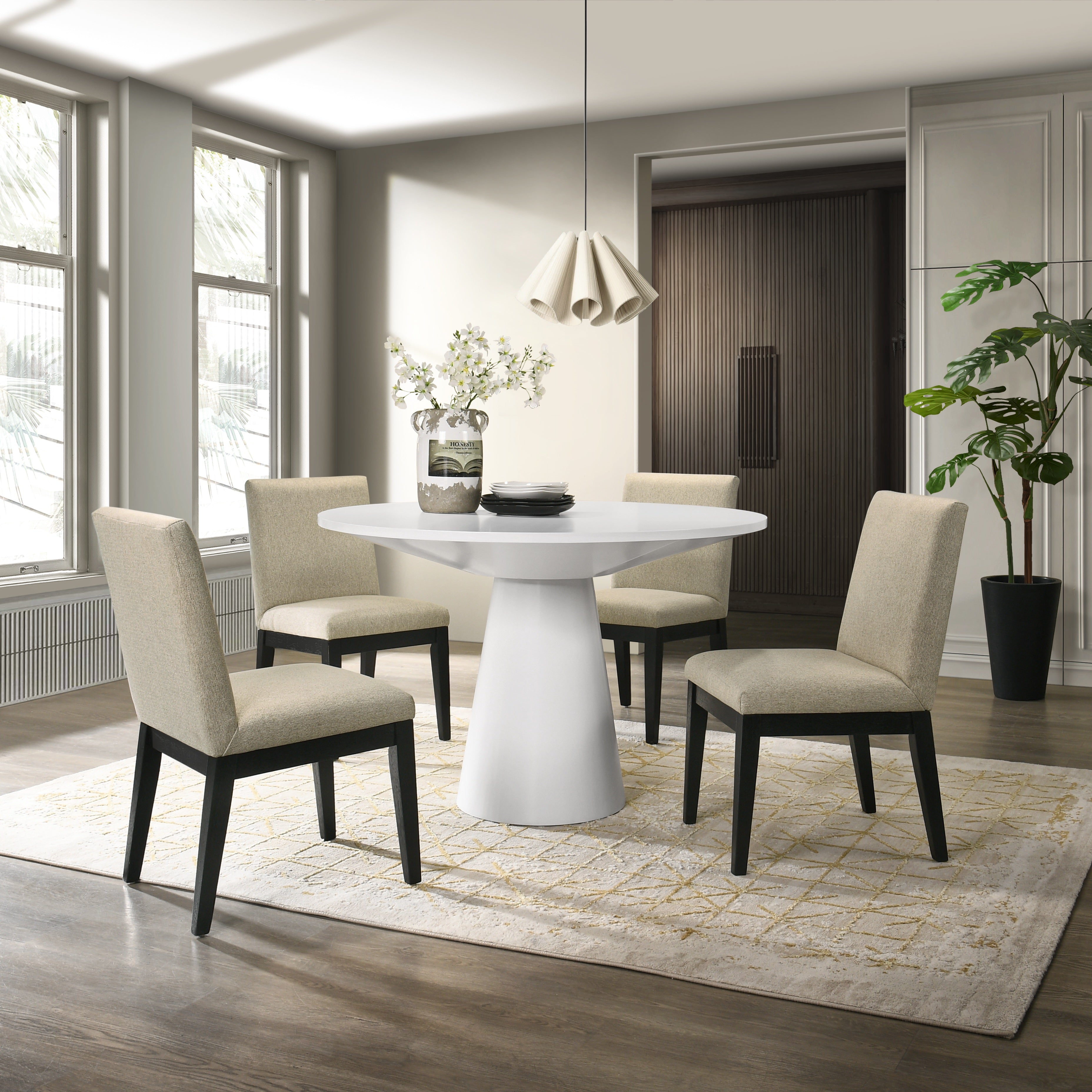 Modern Rocco 5-Piece Round Dining Set with Pedestal Table & 4 Chairs - Perfect for Small Spaces, Breakfast Nooks & Contemporary Kitchens