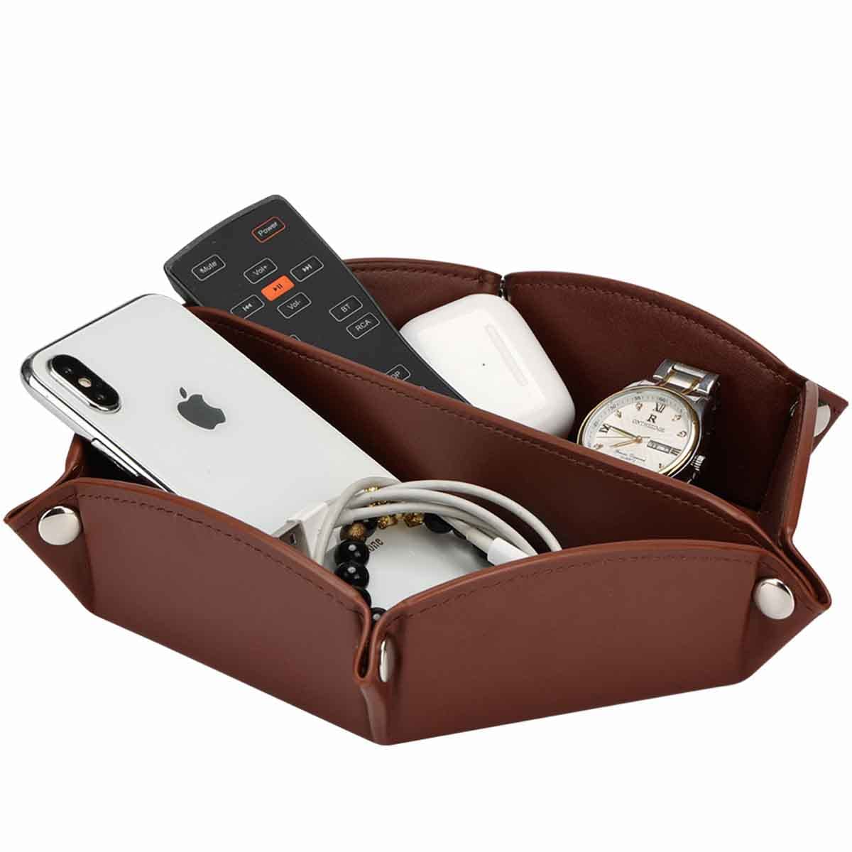 Premium PU Leather Valet Tray - Multi-Purpose Desktop Organizer for Jewelry, Keys, EDC & Dice | Elegant Dresser Top & Nightstand Storage Solution | Perfect Catchall Tray for Bedroom, Bathroom & Office Decor (Brown)