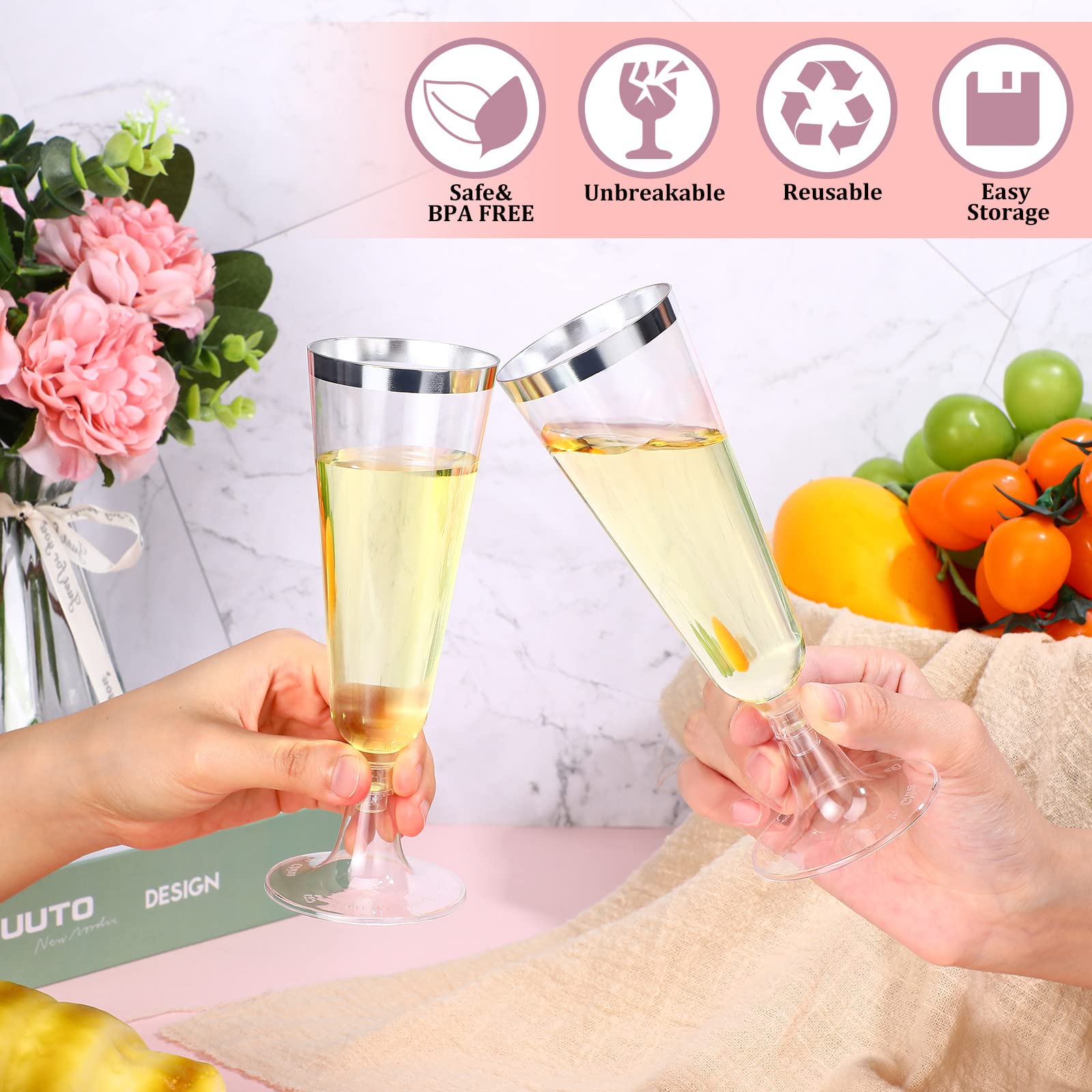 200 Pack Disposable 5 Oz Plastic Champagne Flutes - Silver Wedding Party Cups for Toasting, Cocktails & Celebrations | Elegant & Shatterproof Drinkware for Weddings, Receptions, Bridal Showers & Special Events