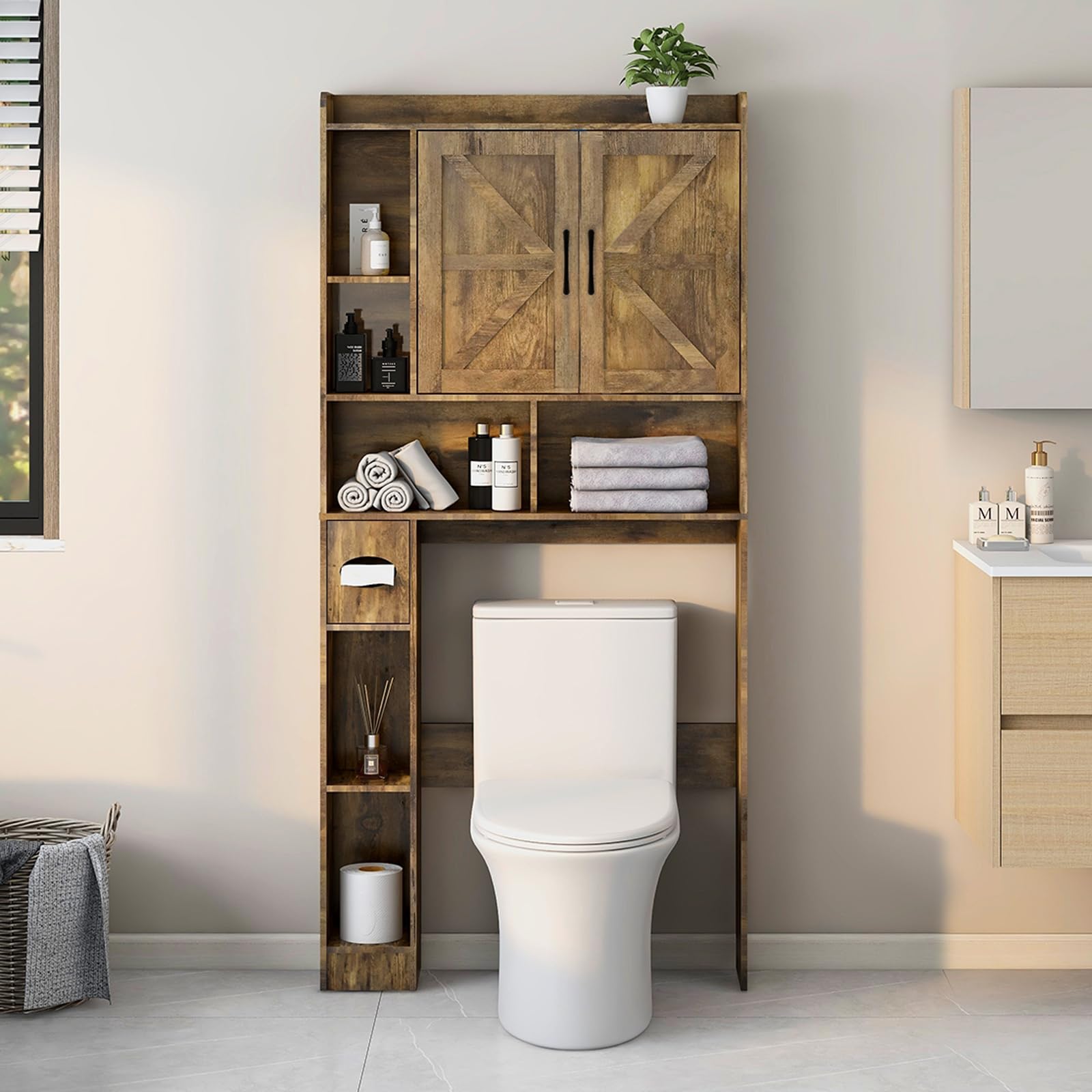 Farmhouse Over The Toilet Storage Cabinet with 2 Barn Doors & Toilet Paper Holder - Space-Saving Bathroom Organizer for Restroom, Laundry, and Small Spaces - Perfect for Towels, Toiletries, and Decorative Storage