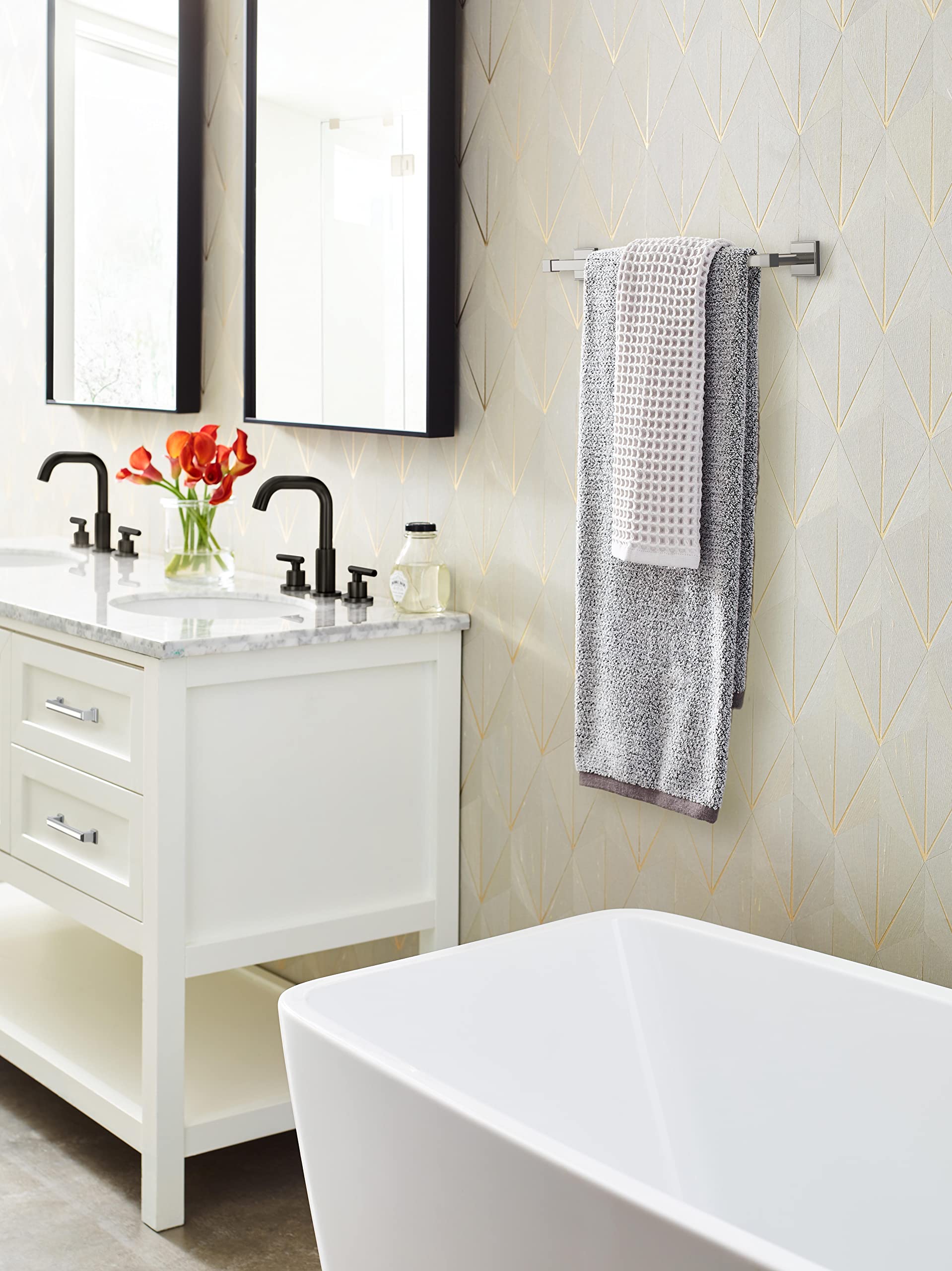 Amerock BH3607326 Chrome Towel Bar - 18 Inch (457mm) Bathroom Towel Rack Holder for Showers & Powder Rooms | Durable Bath Hardware & Accessories for Spa-Like Luxury