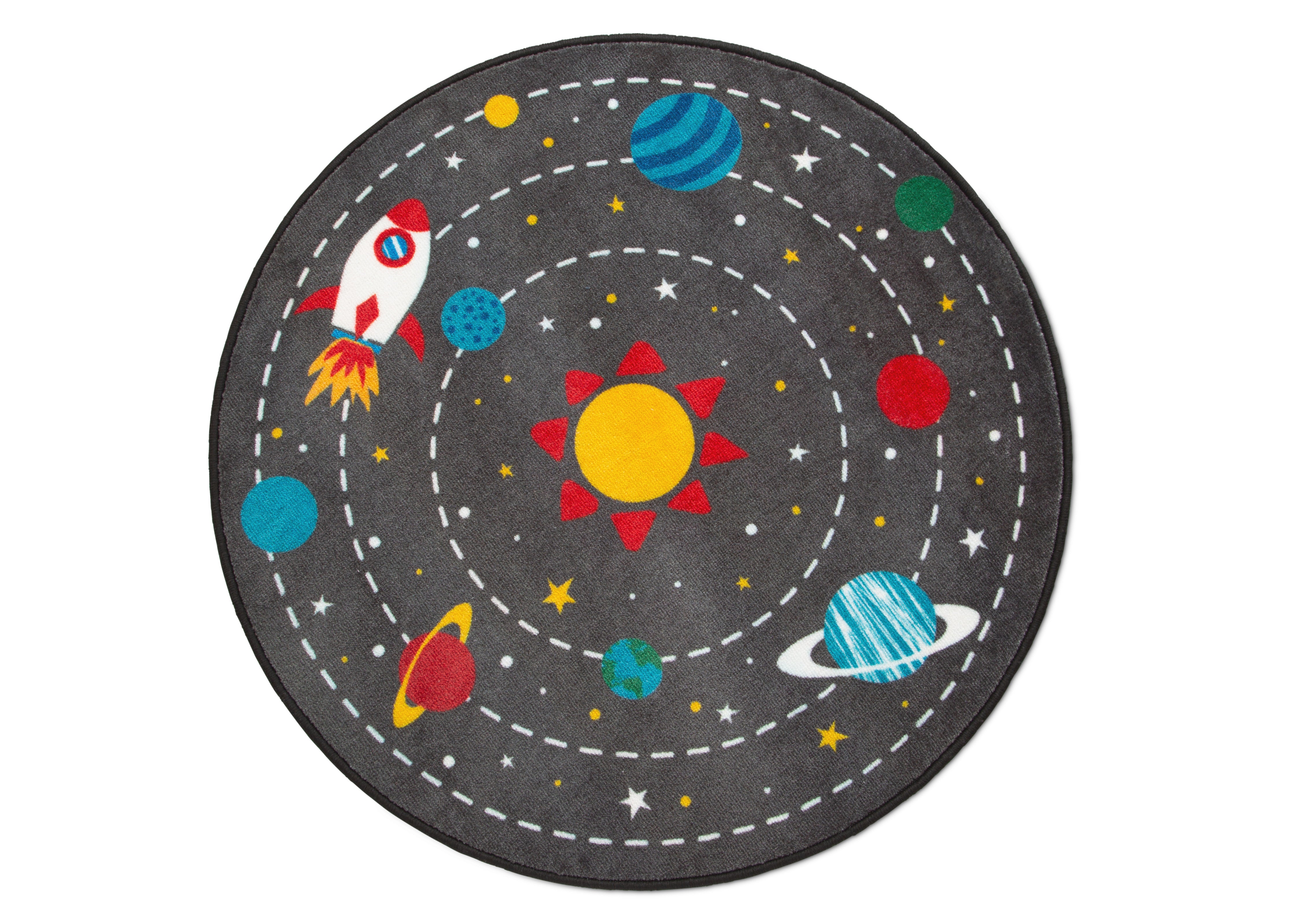 Kids Outer Space Themed Round Area Rug - 39 Inch Diameter, Non-Slip Playroom Carpet for Bedroom & Nursery Decor