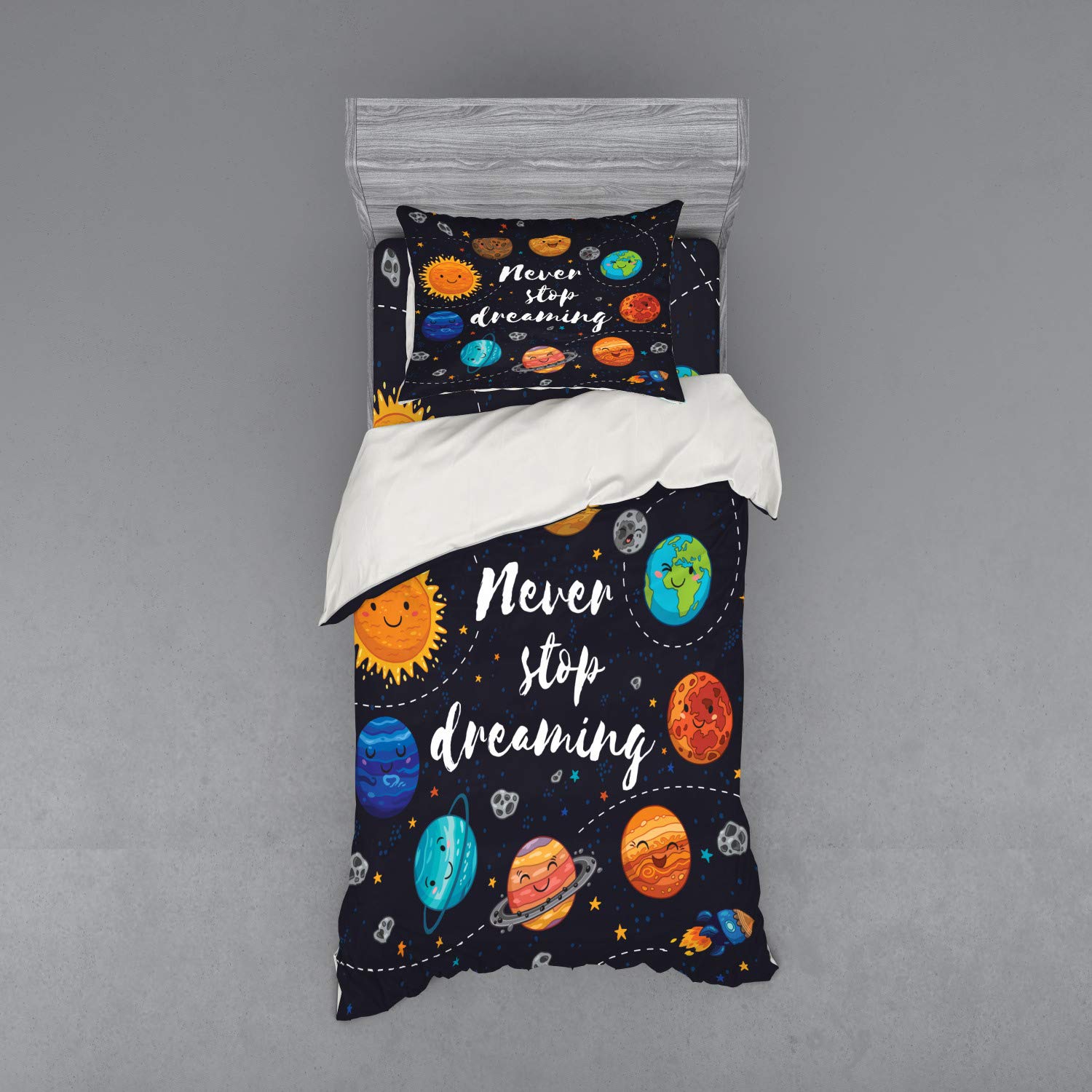 Ambesonne Galaxy Duvet Cover Set - 3 Piece Outer Space Solar System Comets Stars Moon Bedding with Sham & Fitted Sheet, Twin Size, Multicolor - Perfect for Kids Room, Space Themed Bedroom & Astronomy Lovers