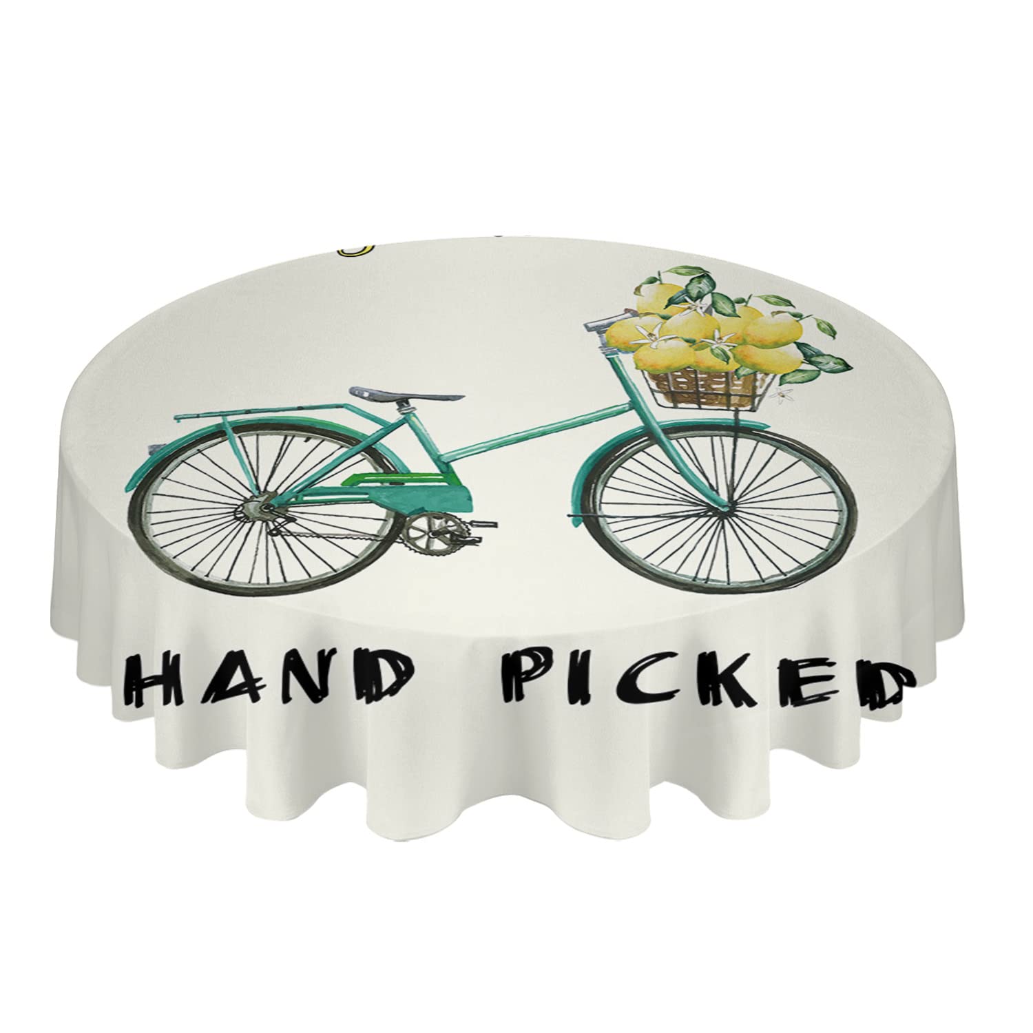 Waterproof Vinyl Tablecloth 60 Inches Round - Oil Proof, Spill Proof, Wipe Clean - Farm Fresh Lemon & Green Bicycle Fruit Plants Design - Perfect for Outdoor Picnics, Kitchen Dining, and Party Decorations