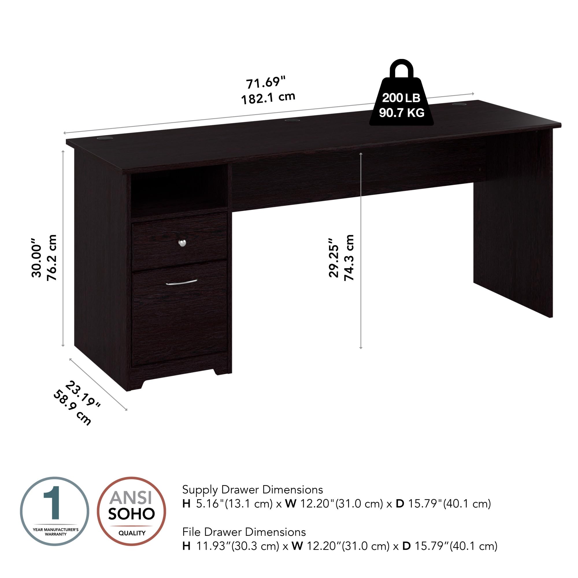Bush Furniture Cabot 72W Computer Desk with Drawers - Espresso Oak Finish, Home Office Desk for Work & Study, Perfect for Small Spaces & Remote Work