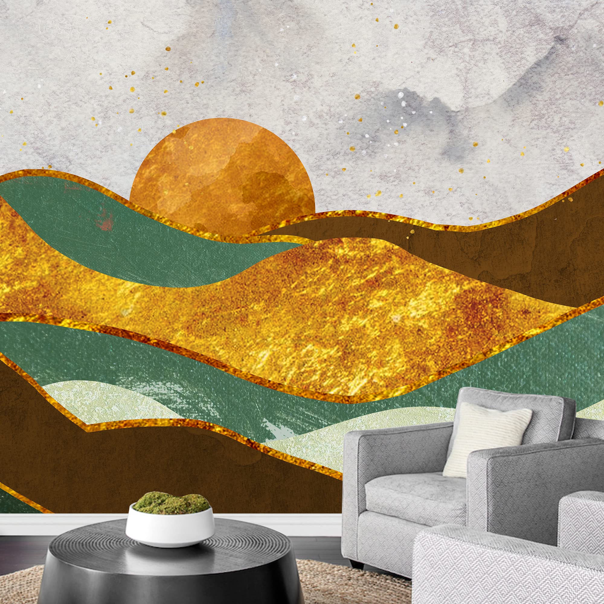 Gold Teal Granite Marble Mountain Range Wall Sticker - Removable Nature Wilderness Landscape Art Mural for Living Room, Bedroom & Office Decor (66x96 inches) - Perfect for Home, Apartment and Workspace Wall Decoration