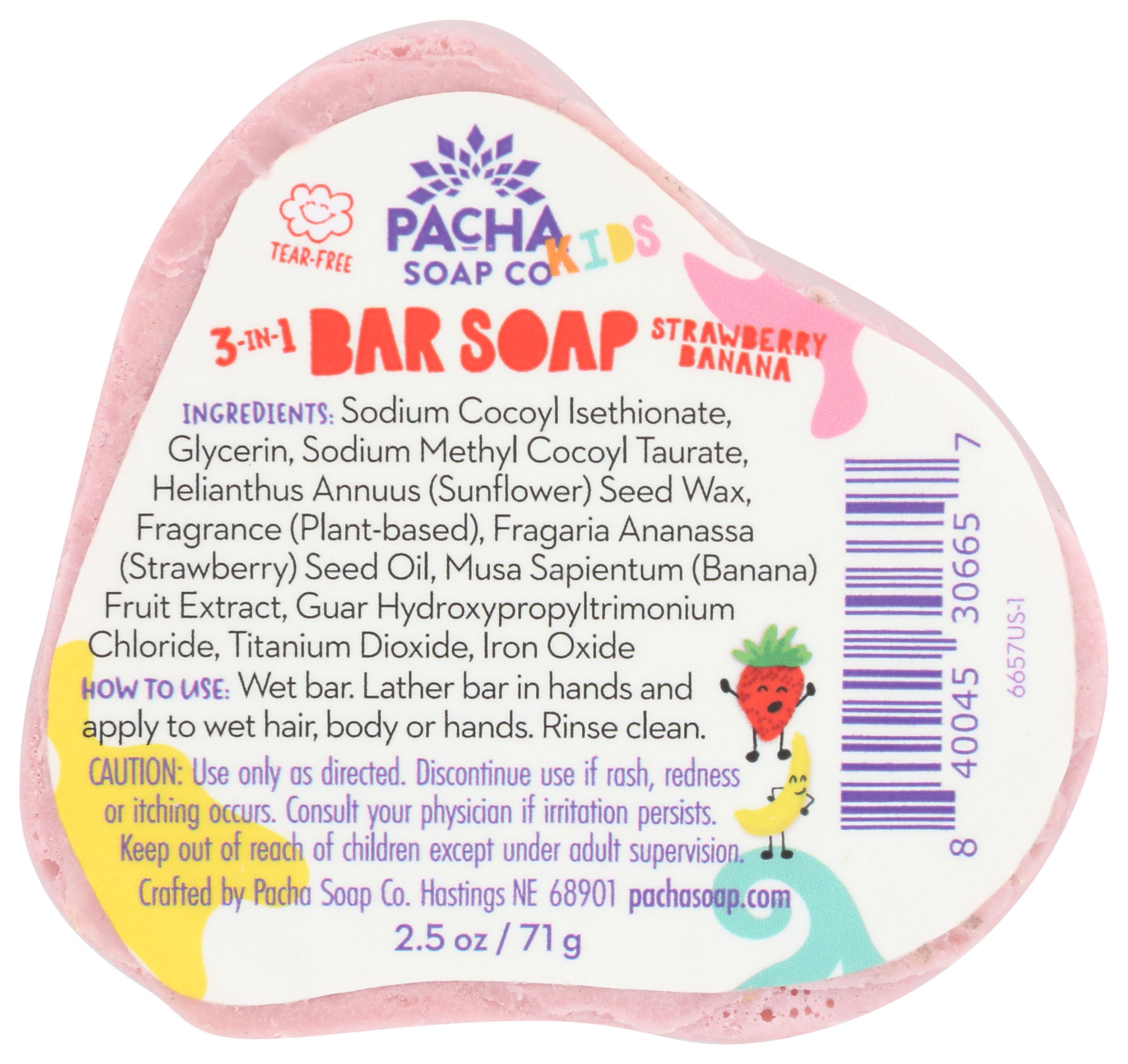 PACHA SOAP Kids Strawberry Banana 3-in-1 Bar Soap - Natural, Gentle & Moisturizing for Sensitive Skin - 2.5 oz (Pack of 1) - Perfect for Bath Time, Hand Washing & Travel