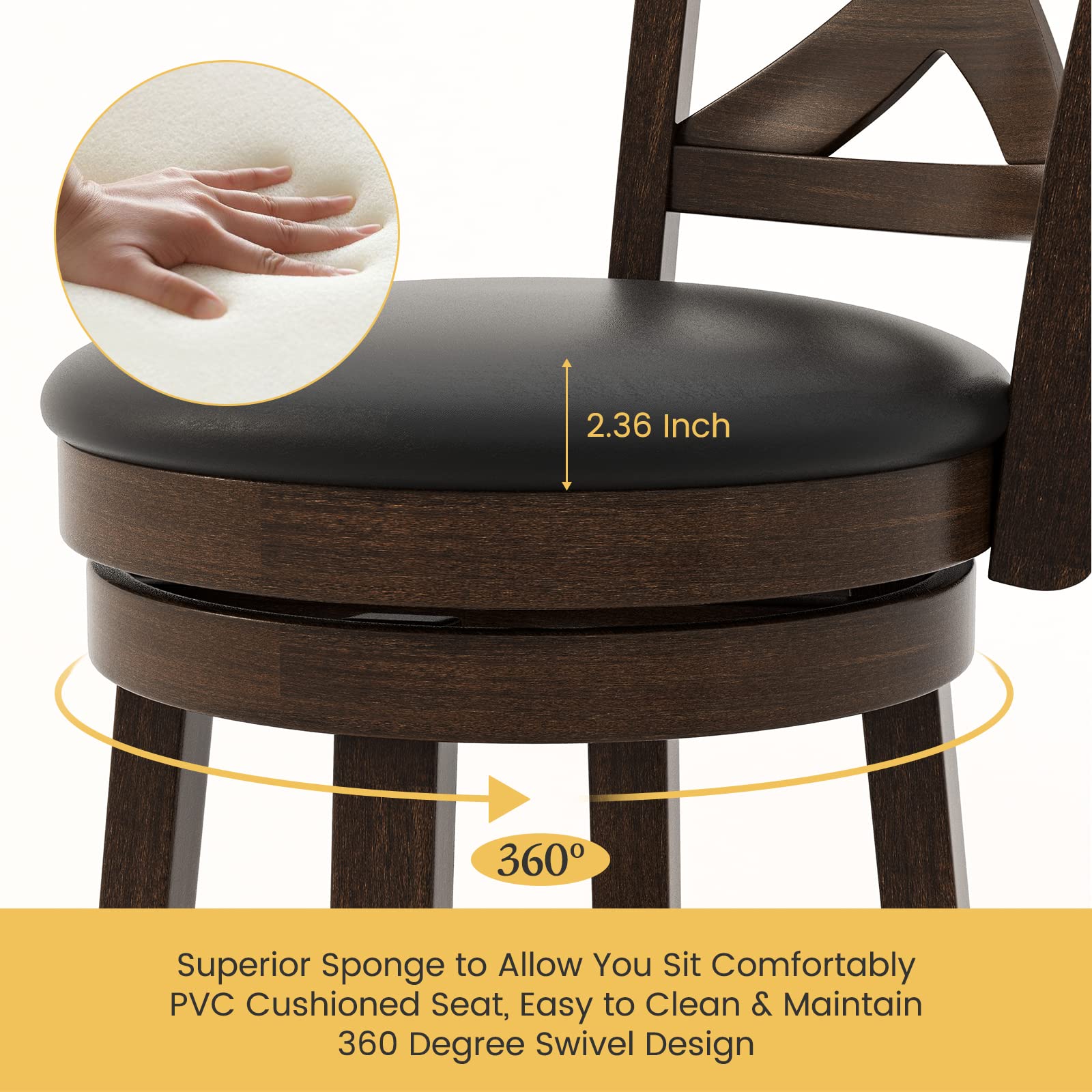 ERGOMASTER Dark Brown Swivel Bar Stools - 24 Inch Counter Height Barstool with Adjustable Seat - Modern Kitchen & Pub Stool for Home, Restaurant & Bar Use (Set of 1)