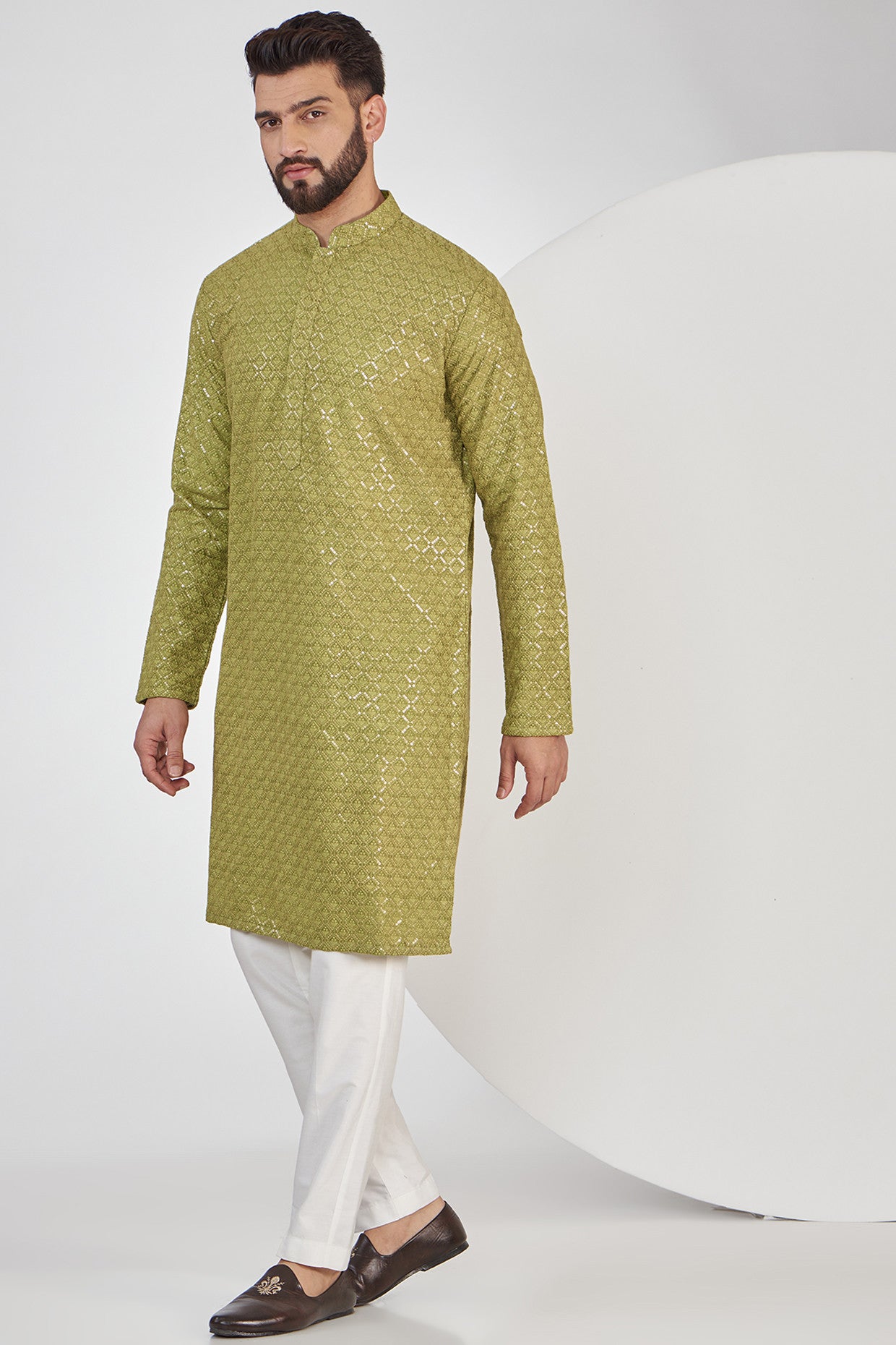 Exquisite Mehndi Green Sequenced Kurta with Intricate Thread Embroidery - Perfect for Festivals, Weddings & Special Occasions