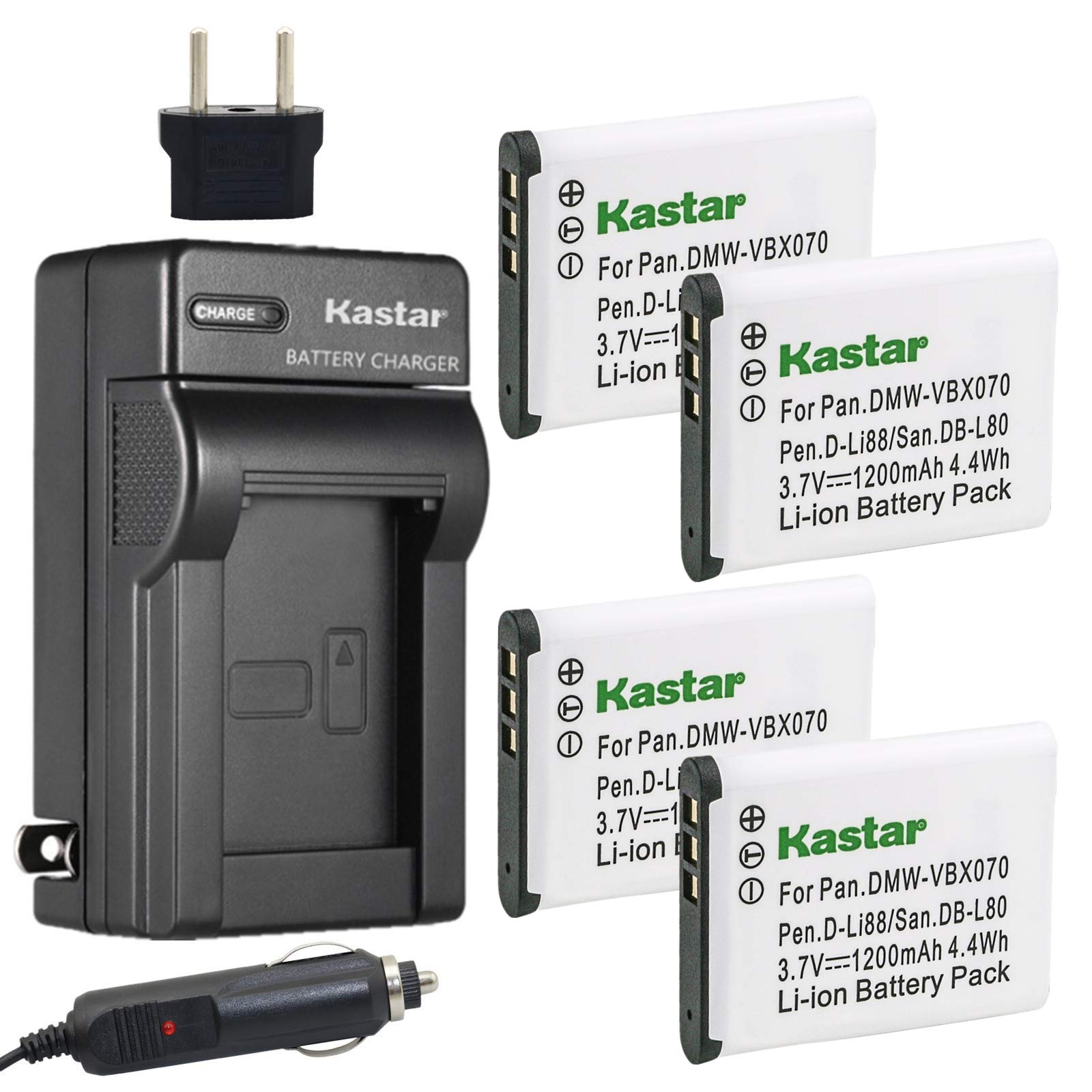 Kastar VW-VBX070 4-Pack Rechargeable Battery and Charger Kit - Compatible with Pentax D-Li88, Panasonic VW-VBX070, Sanyo DB-L80/DB-L80AU - Perfect for Digital Cameras, DSLRs, and Video Cameras - Ideal for Travel, Photography, and Professional Use