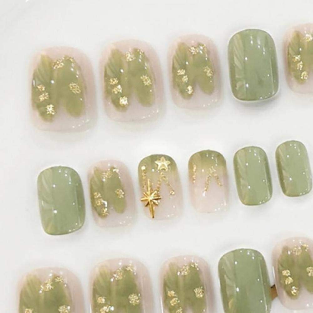 24PCS Summer Green Armor Short False Nails - DIY Fashion Nail Art Tips, Waterproof Fake Nails for Girls, Japanese Fresh Style (Perfect for Parties, Weddings & Daily Wear)