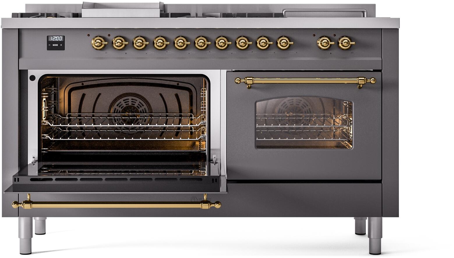 ILVE Nostalgie II 60-Inch Dual Fuel Natural Gas Range with Matte Graphite Finish & Brass Trim - Professional Kitchen Stove for Home Chefs | Perfect for Gourmet Cooking & Entertaining