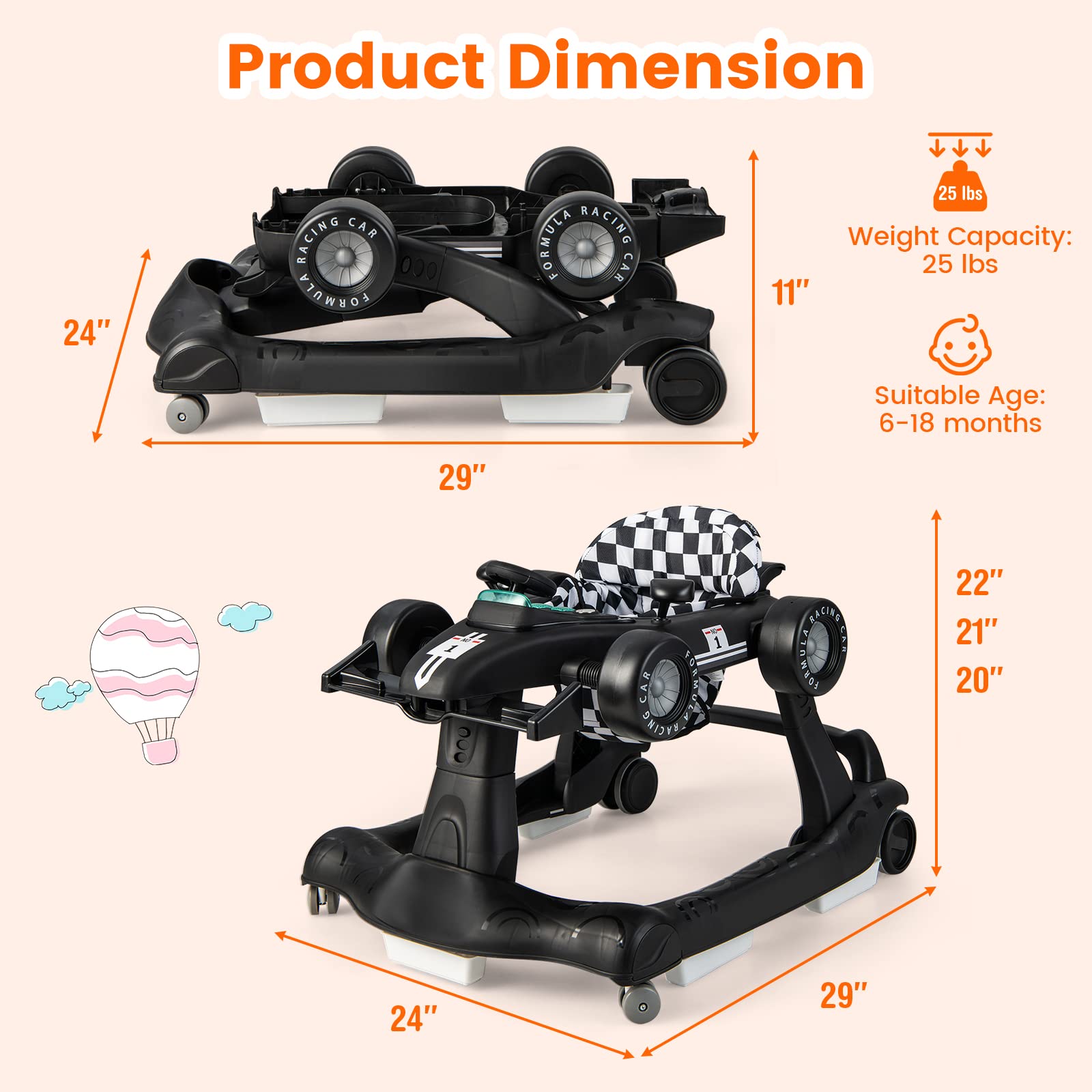 HONEY JOY 4-in-1 Baby Walker with Adjustable Height & Speed | Foldable Push Walker with Music, Lights & Padded Seat | Smooth Wheels for Boys & Girls 6+ Months (Black) | Perfect for Learning to Walk & Indoor Playtime
