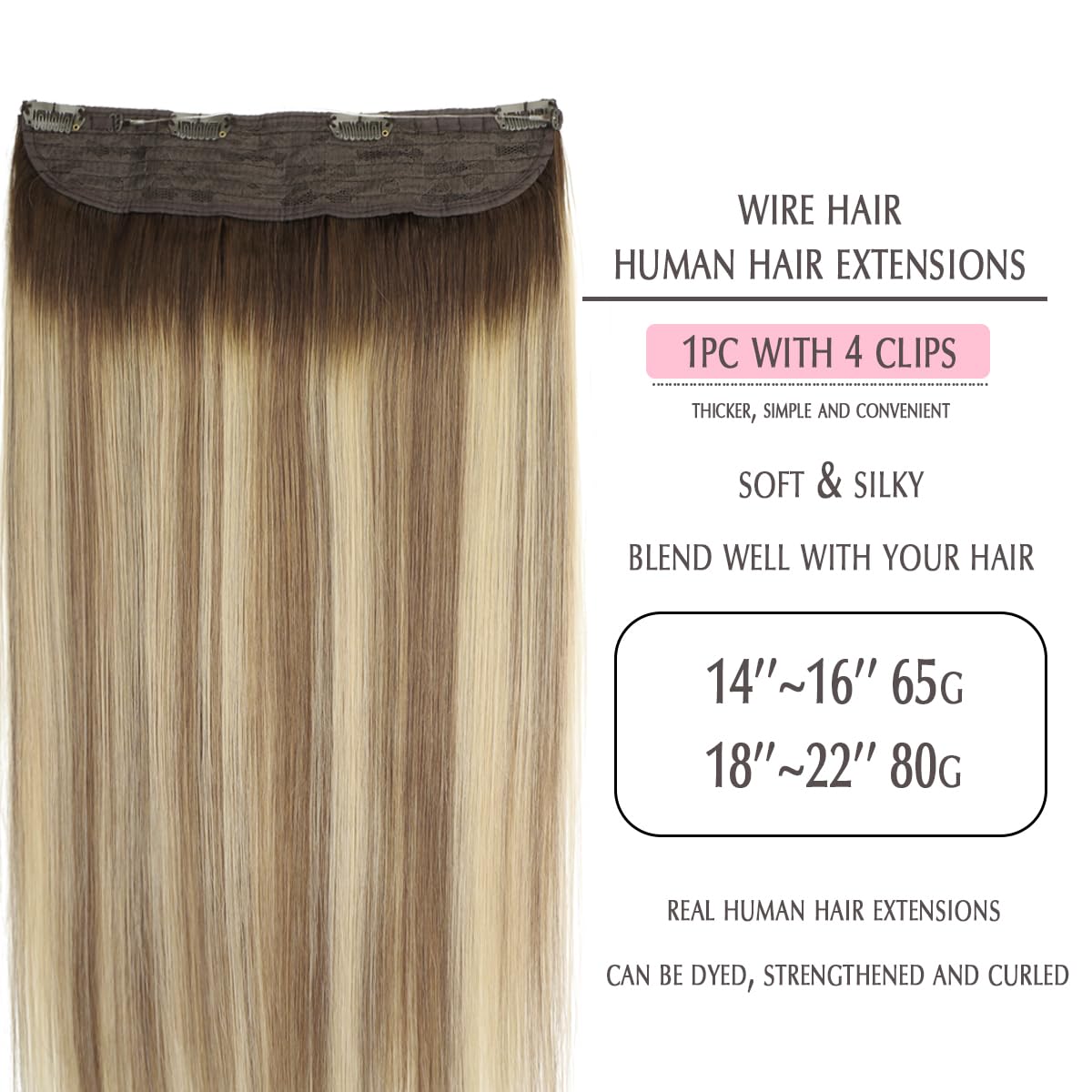 SURNEL 18 Inch 80g Real Human Hair Extensions - Balayage Walnut Brown to Ash Brown & Golden Blonde Wire Hair Extensions for Women | Perfect for Daily Wear, Parties & Special Occasions