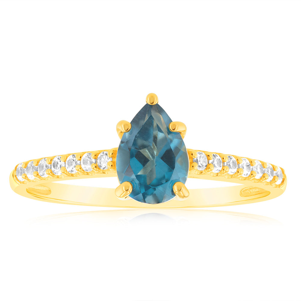 1 Carat London Blue Topaz & 12 Created Sapphire Diamond Ring in 9K Yellow Gold - Elegant Engagement, Anniversary Gift for Women