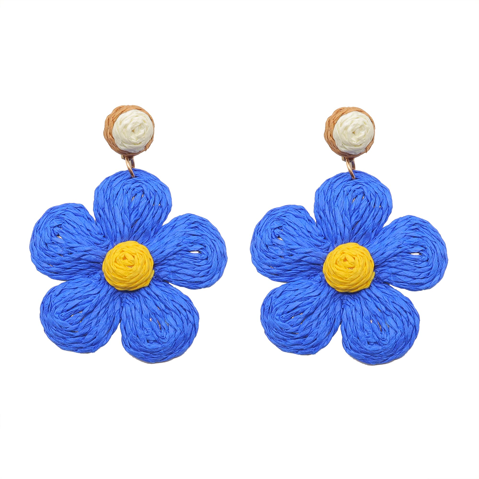 Boho Handmade Raffia Flower Earrings - Big Straw Drop Dangle Earrings for Women, Summer Beach Wedding Accessories, Rattan Wicker Braided Statement Jewelry
