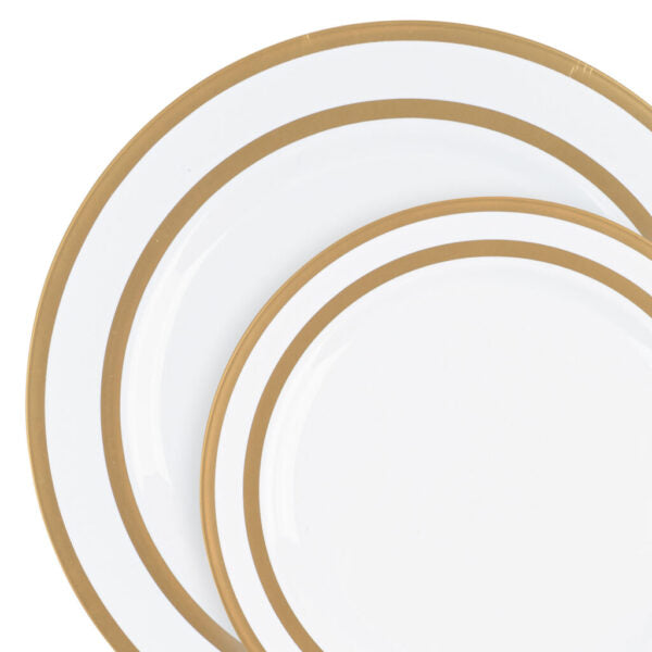 32-Piece White and Gold Rim Plastic Dinnerware Set for 16 Guests - Elegant Symmetry Design for Parties, Weddings, and Outdoor Dining
