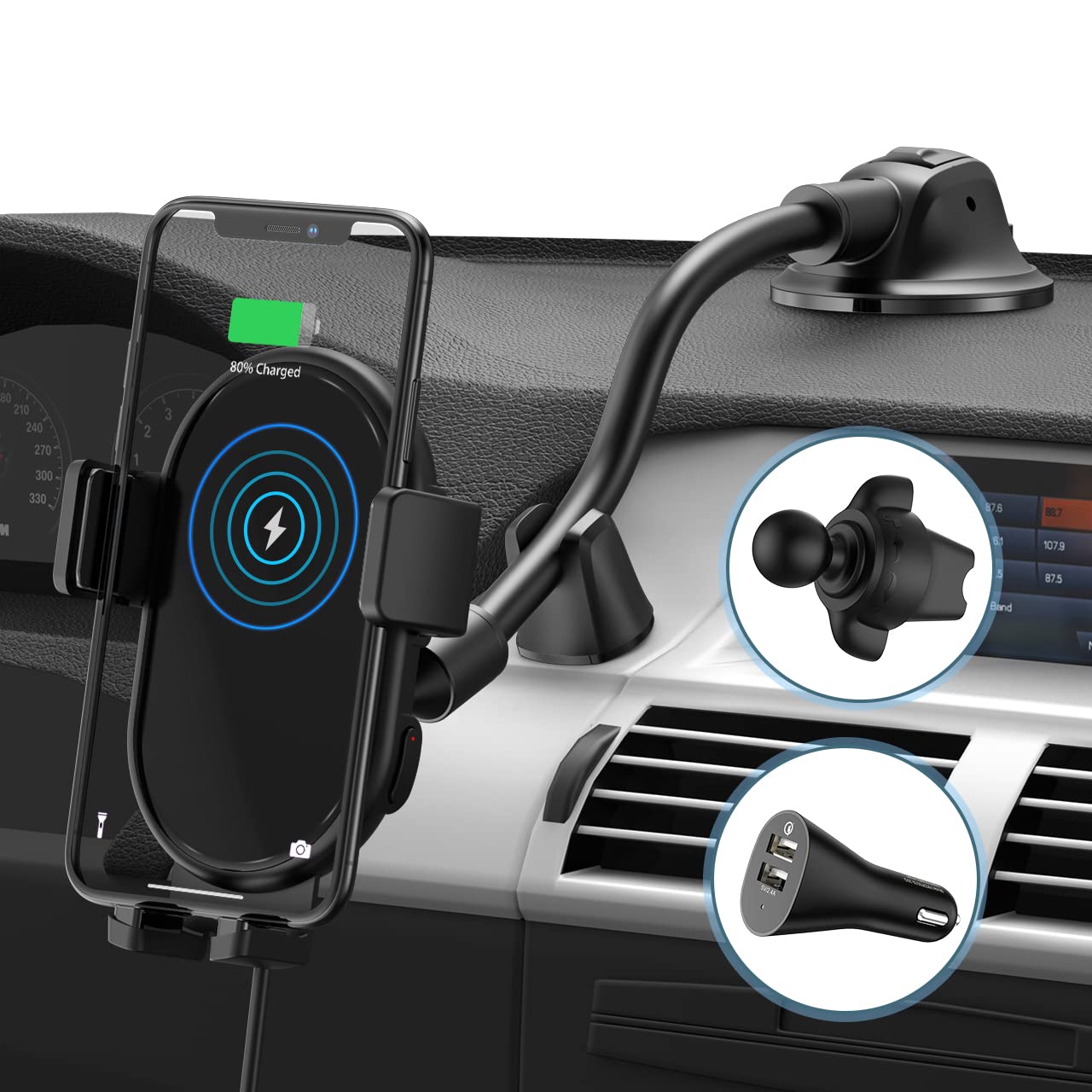 10W Qi Wireless Car Charger Mount - Fast Charging Phone Holder for iPhone, Samsung Galaxy & Most Smartphones - Dashboard & Air Vent Compatible - Perfect for Road Trips & Daily Commutes (Black)