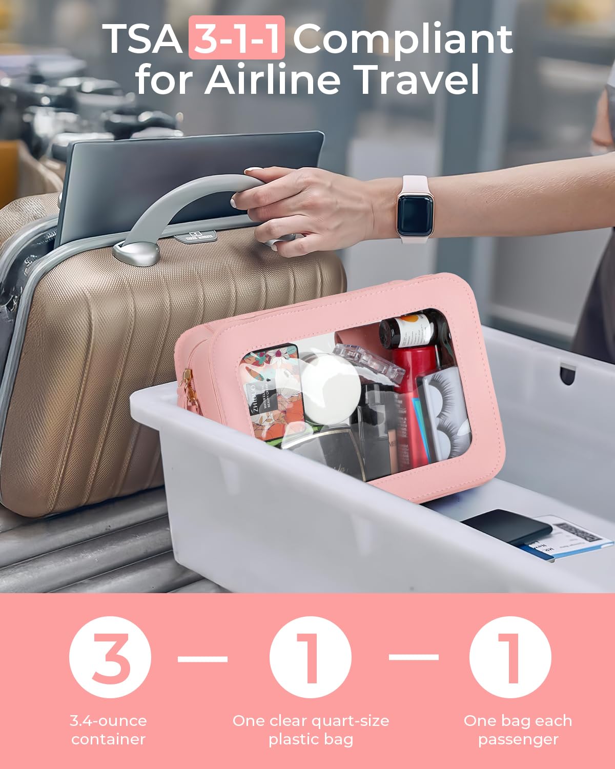 TSA Approved Clear Makeup Bag - Travel Toiletry Organizer with Zipper, Transparent Cosmetic Case for Women & Men (Pink) - Perfect for Airports, Gym, Beach & Daily Essentials Storage