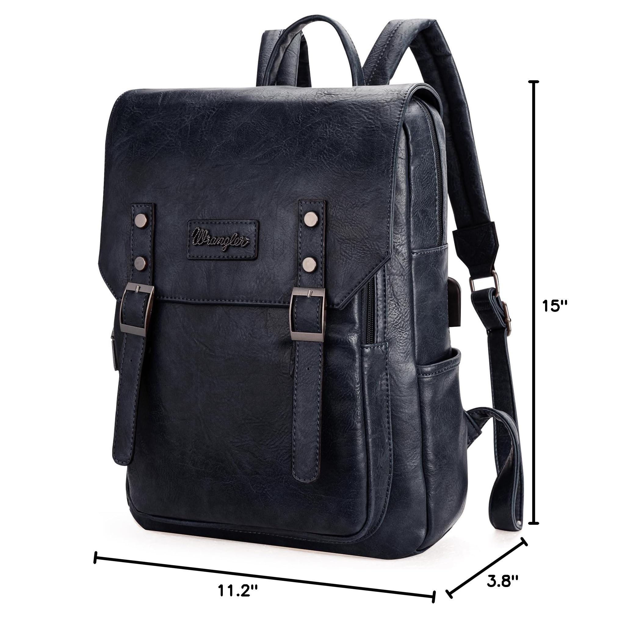 Wrangler Vegan Leather Laptop Backpack for Women & Men - Navy Blue College & Travel Backpack for Work, School, Commuting & Outdoor Adventures