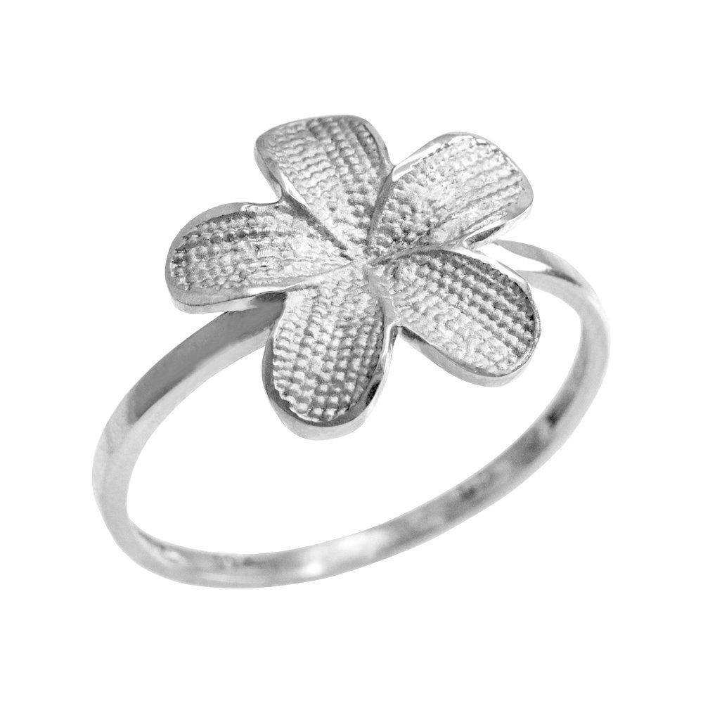 10K White Gold Hawaiian Plumeria Flower Ring for Women - Elegant Floral Jewelry Gift for Birthday, Anniversary, and Beach Weddings