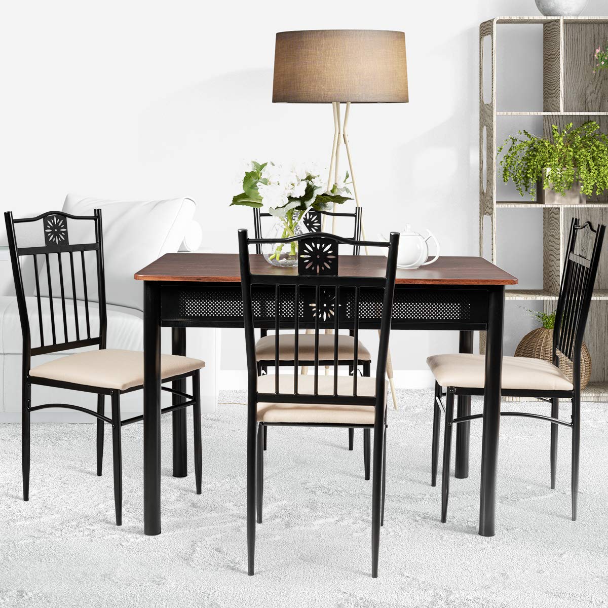 Tangkula 5-Piece Vintage Dining Set - Retro Wood Table with Metal Frame & Padded Chairs - Kitchen & Dining Room Furniture for Small Spaces, Apartments, Breakfast Nooks & Cozy Family Meals